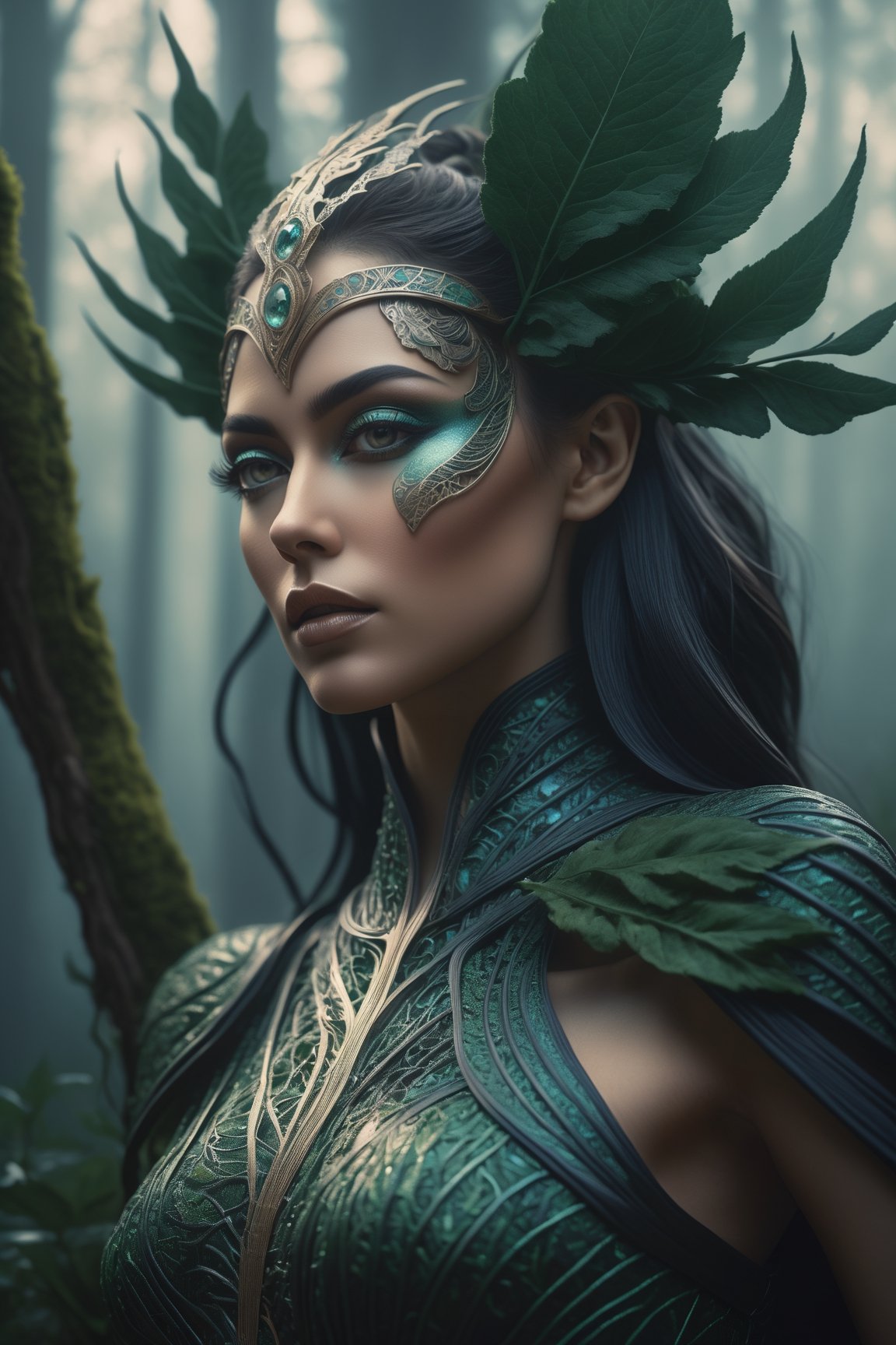 Midjourney style, ultrarealistic, a beautiful dryad woman through a misty forest, (many trees), {{above the knee}},,  perfect detailed face, detailed symmetric circular iris, Peaky Blinders aesthetic, realistic, 3d render, octane render, intricately detailed, cinematic, trending on artstation, Isometric, Centered hypereallistic cover photo, awesome full color, hand drawn, dark, gritty, mucha, klimt, erte 12k, hight definition, cinematic, neoprene, behance contest winner, portrait featured on unsplash, stylized digital art, smooth, ultra high definition, 8k, unreal engine 5, ultra sharp focus, intricate artwork masterpiece, ominous, epic,trending on artstation, by artgerm, h. r. giger and beksinski, highly detailed, vibrant