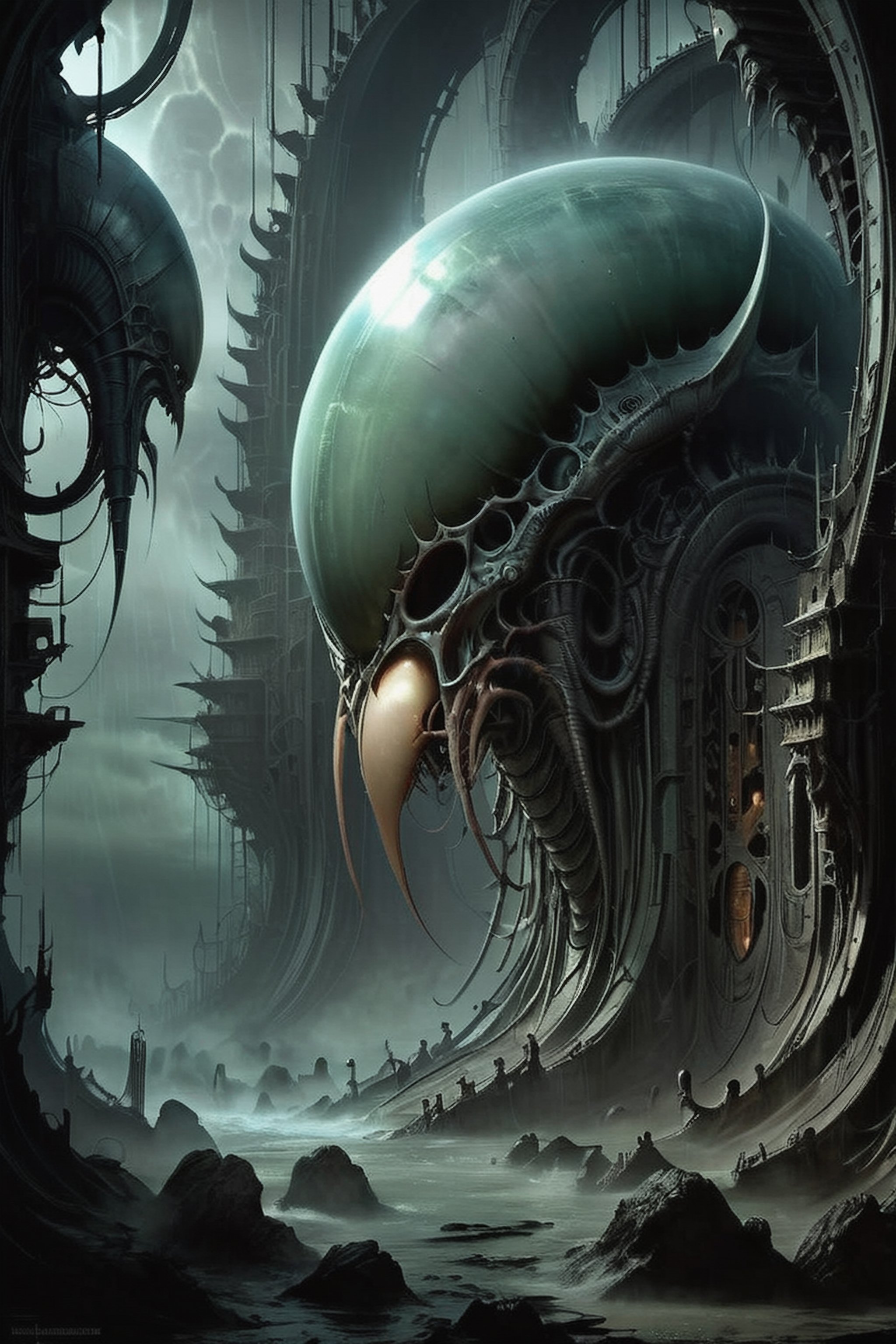 a digital composition wide shot,  art by hr giger,  a masterpiece by CaptFantastic on Tensor.Art