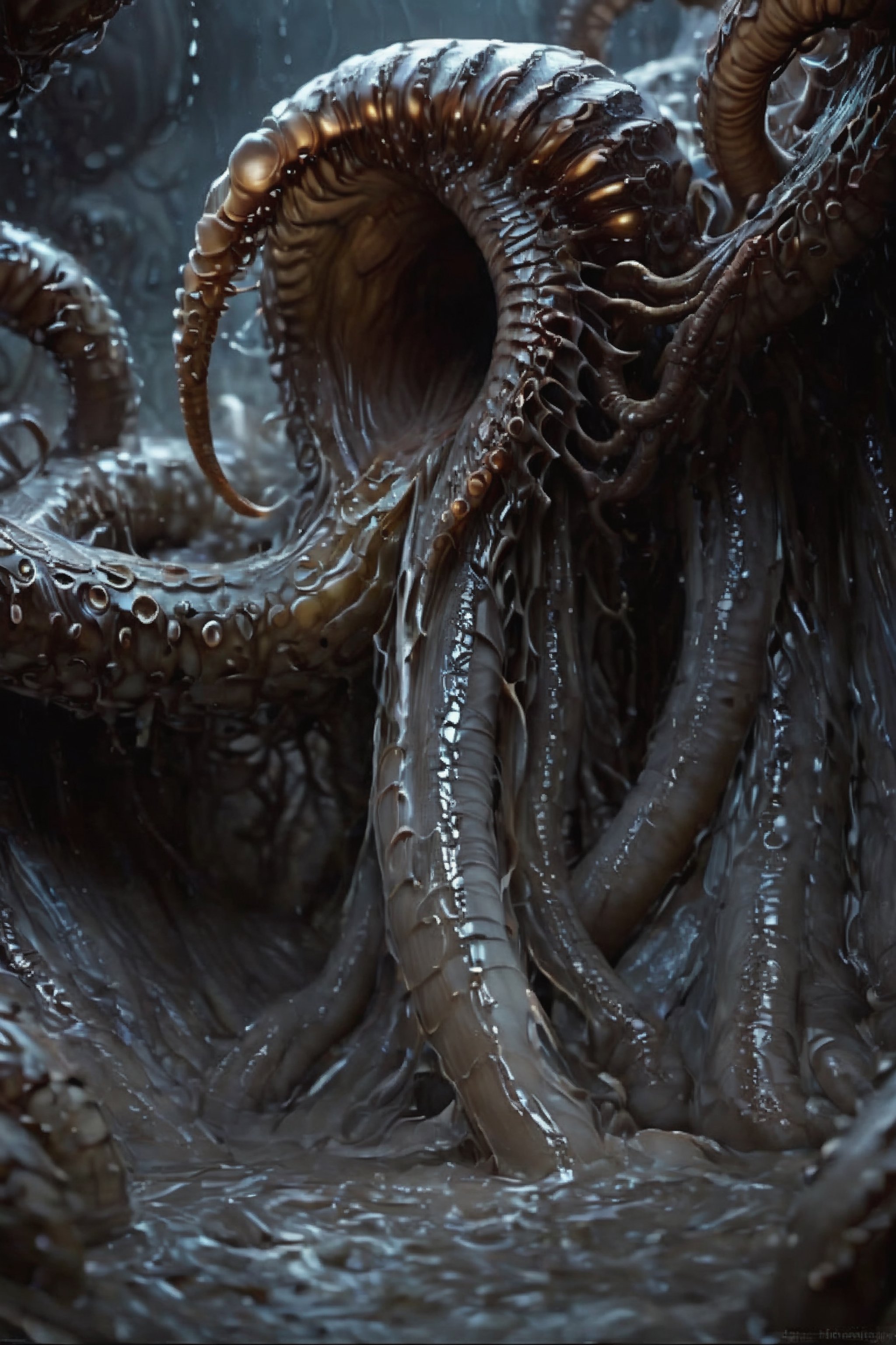 a digital composition wide shot,  art by hr giger,  repeating patterns of vertibrae and skeletal elements by CaptFantastic...