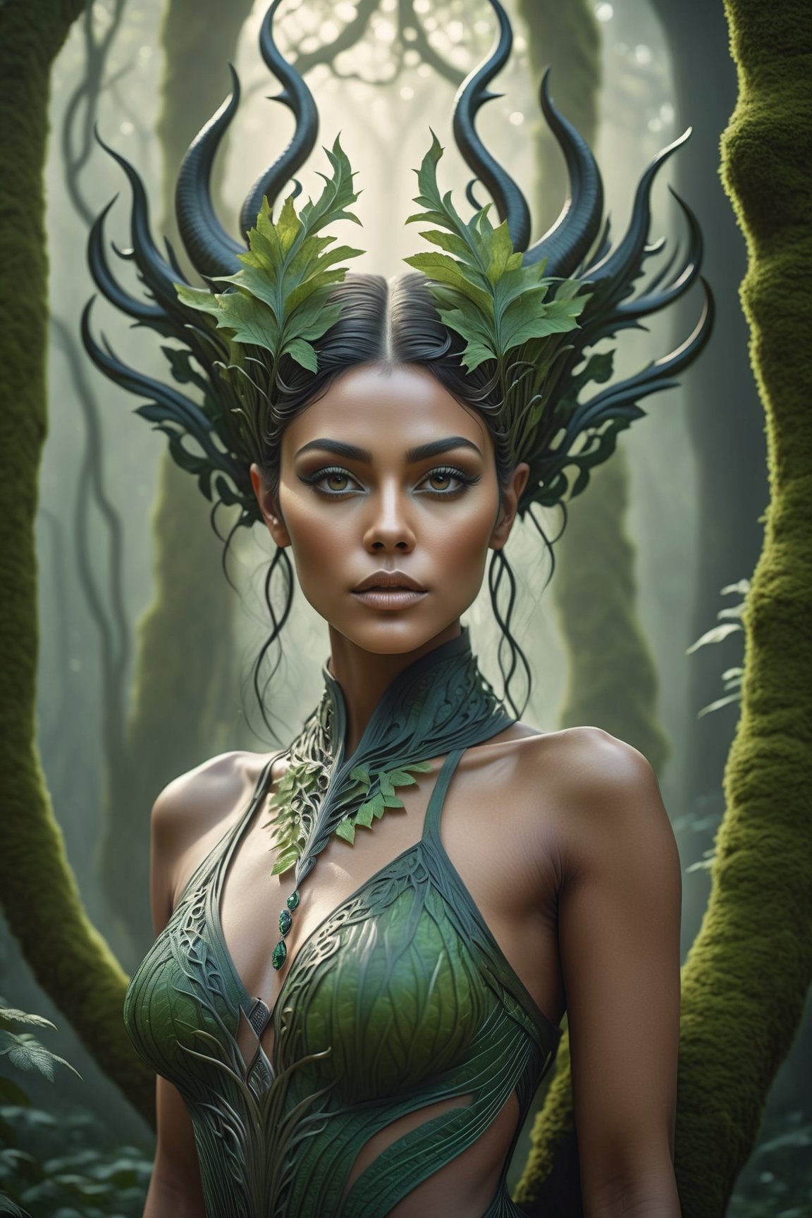 Midjourney style, ultrarealistic, a beautiful dryad woman through a misty forest, (many trees), {{above_knees_body}},  perfect detailed face, detailed symmetric circular iris, Peaky Blinders aesthetic, realistic, 3d render, octane render, intricately detailed, cinematic, trending on artstation, Isometric, Centered hypereallistic cover photo, awesome full color, hand drawn, dark, gritty, mucha, klimt, erte 12k, hight definition, cinematic, neoprene, behance contest winner, portrait featured on unsplash, stylized digital art, smooth, ultra high definition, 8k, unreal engine 5, ultra sharp focus, intricate artwork masterpiece, ominous, epic,trending on artstation, by artgerm, h. r. giger and beksinski, highly detailed, vibrant