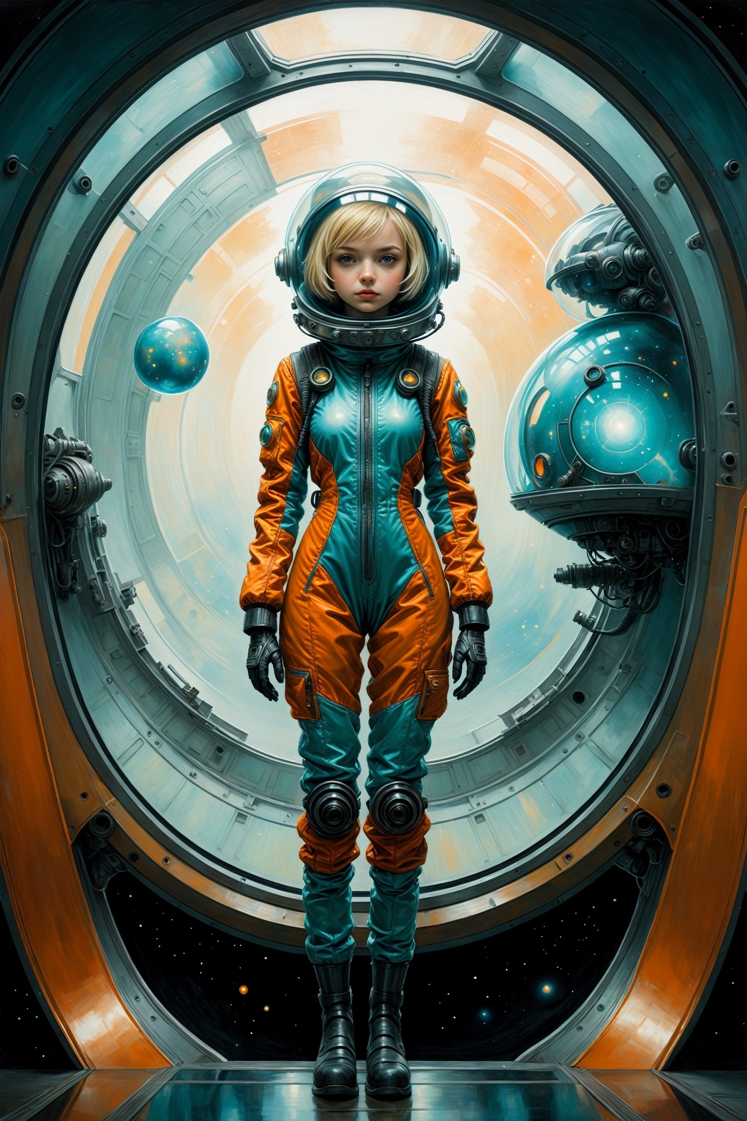 ((full_body)),  20yr old woman with short blonde hair,  breathtaking photorealistic photo of girl wearing an Aqua and Oran...