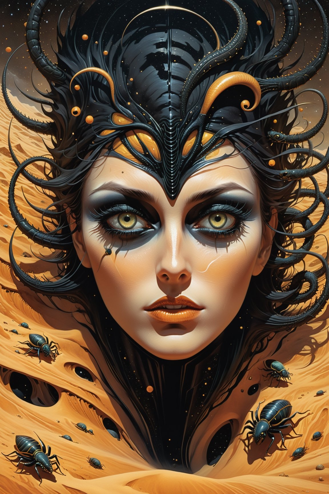 trippy book cover art work of Paul Artredes from Frank Herberts Dune Chronicals,  psychedelic theme black around zoomed ou...