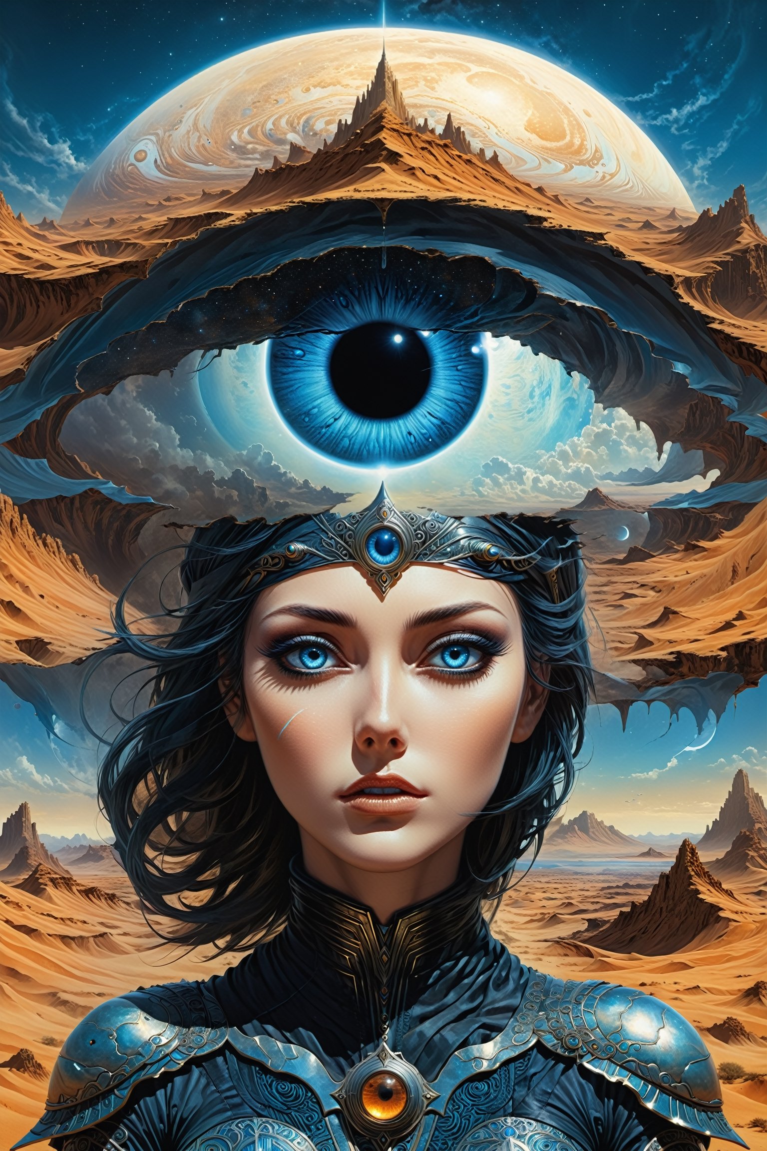 trippy book cover art work of Chani from Frank Herberts Dune Chronicals,  she has the eyes of ibad,  blue eyes with blue s...