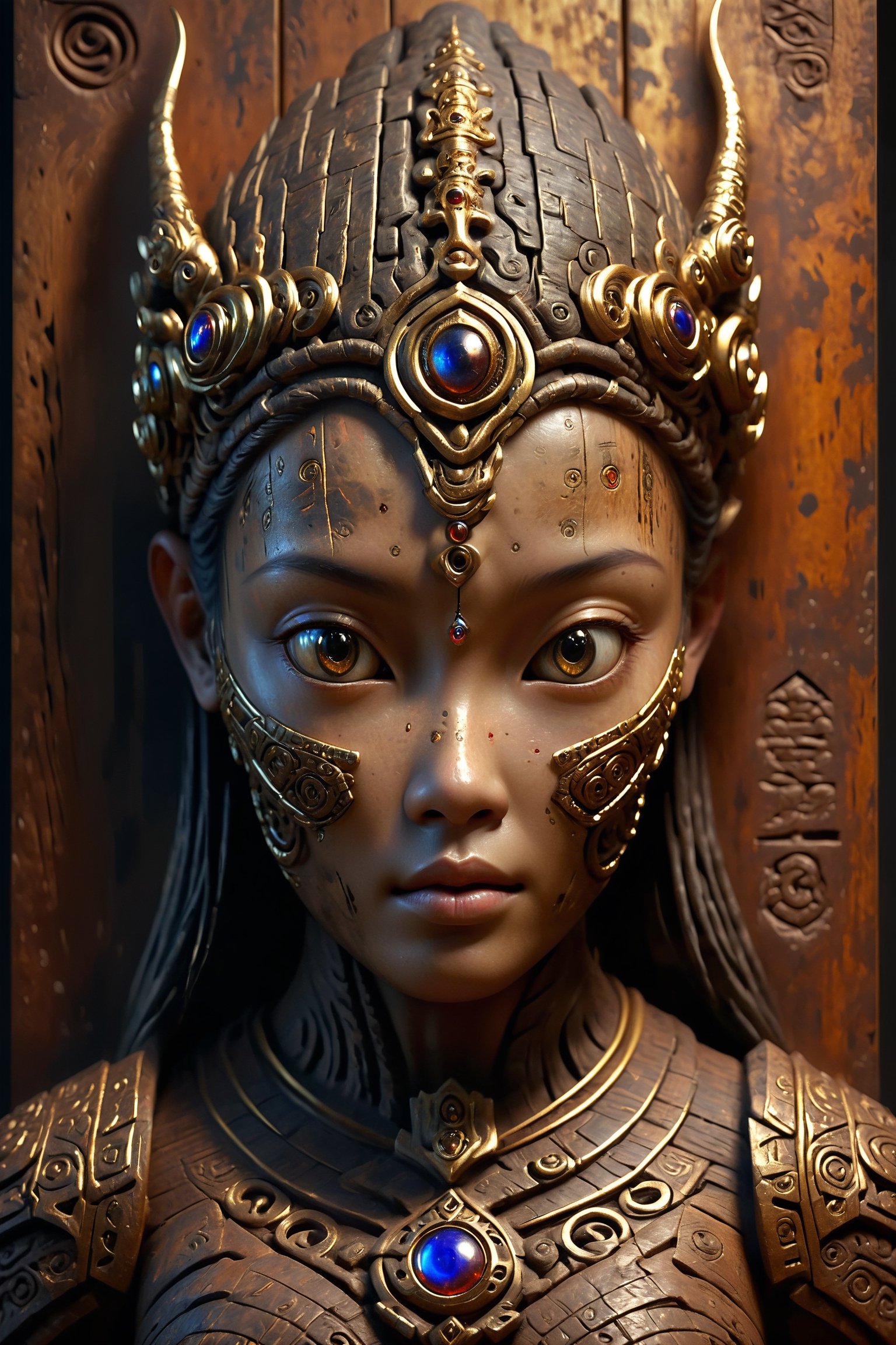 masterpiece, high contrast, extremely detailed, hyper realistic, ancient carved stone tribal sculpture, khmer style, beautiful naked female, ornate carvings, ancient runes, by Tomàs Barcelo, polychrome, old worn off paint, grunge, decay, old wood, driftwood, gold leaf, old wood background, dark low key lighting, rim lighting, DonM3lv3nM4g1cXL, ,DonMCyb3rN3cr0XL, cyborg