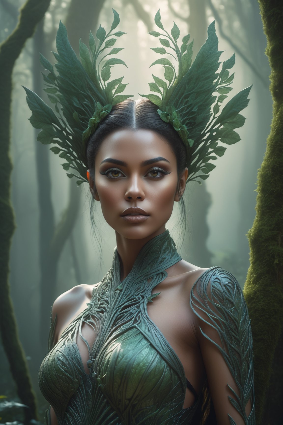 Midjourney style, ultrarealistic, a beautiful dryad woman through a misty forest, (many trees), {{full_figure}},  perfect detailed face, detailed symmetric circular iris, Peaky Blinders aesthetic, realistic, 3d render, octane render, intricately detailed, cinematic, trending on artstation, Isometric, Centered hypereallistic cover photo, awesome full color, hand drawn, dark, gritty, mucha, klimt, erte 12k, hight definition, cinematic, neoprene, behance contest winner, portrait featured on unsplash, stylized digital art, smooth, ultra high definition, 8k, unreal engine 5, ultra sharp focus, intricate artwork masterpiece, ominous, epic,trending on artstation, by artgerm, h. r. giger and beksinski, highly detailed, vibrant