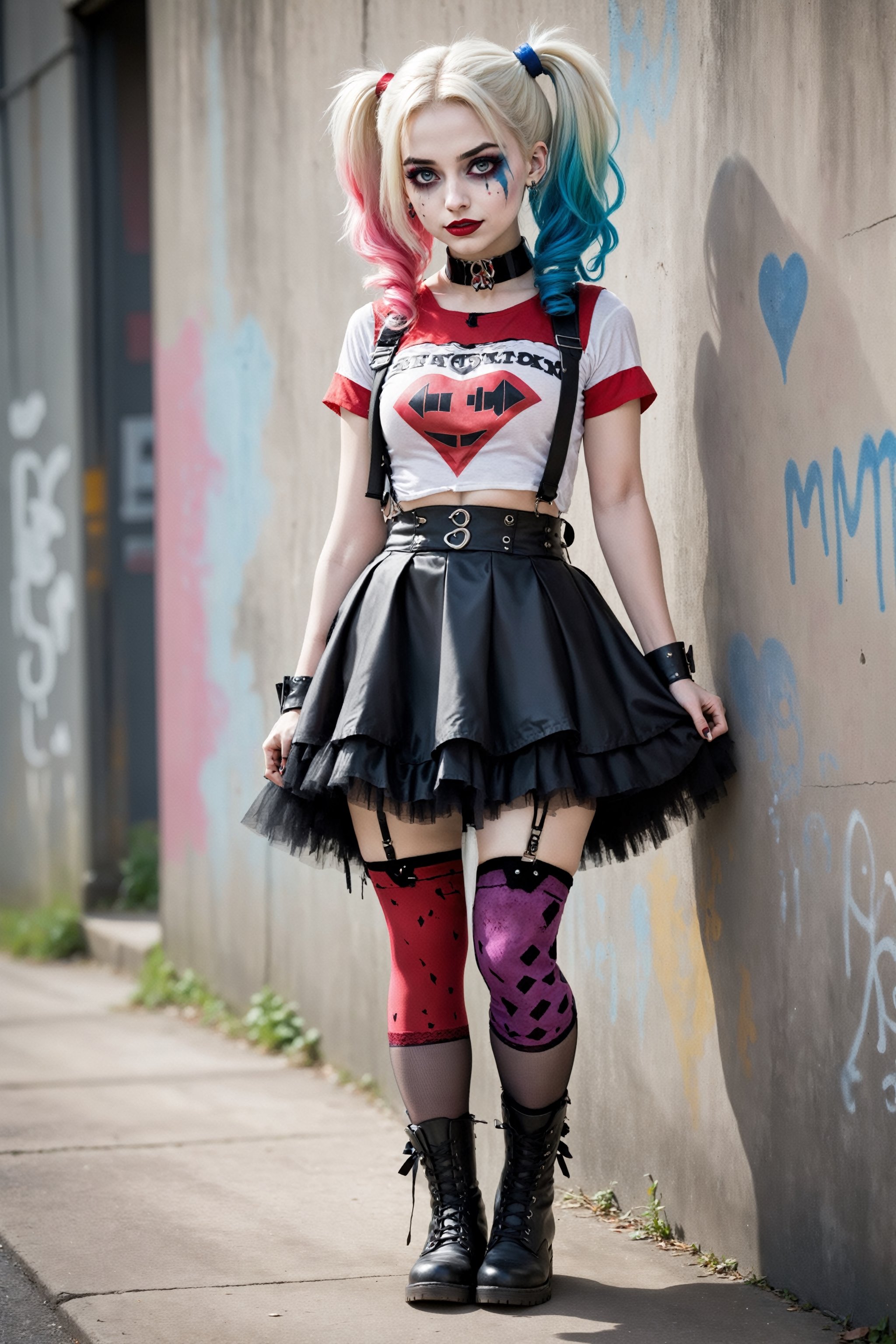 {{{full_body shot}}}, beautiful 18yr old girl, goth makeup, fairy grunge fashion, sad face, messy multi-colored hair, side fade, goth person, lace tutu miniskirt, black torn thigh high stockings, doctor marten boots, earings, nose stud, eyebrow piercing, Urban Grafitti covered concrete wall Background,HZ Steampunk,HarleyQuinn1024