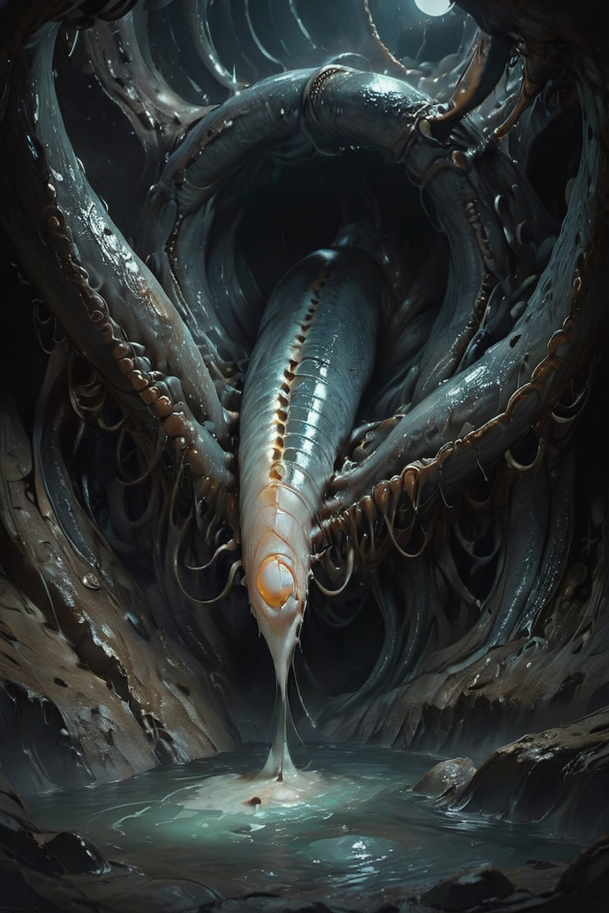 a digital composition wide shot,  art by hr giger,  a masterpiece by CaptFantastic on Tensor.Art