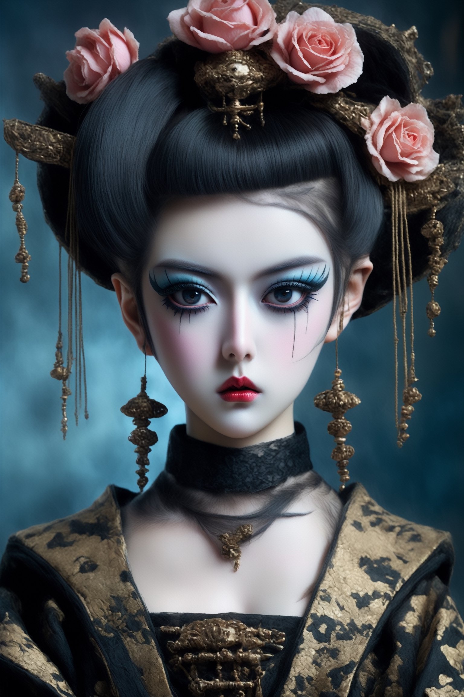 A captivating fantasy portrait of a beautiful android girl,  fusion of Japanese-inspired Gothic punk fashion,  Geisha mixe...