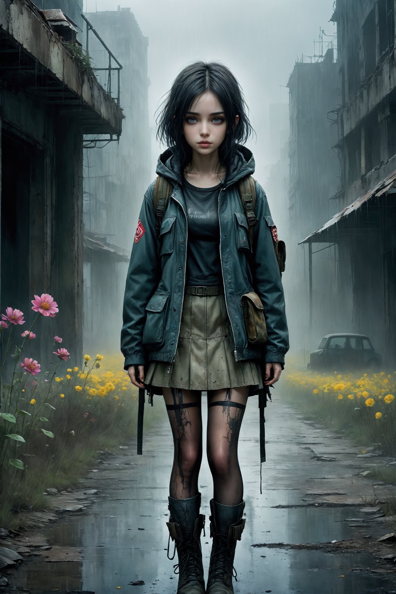 A lonely girl walks in a nuclear wasteland in the pouring rain. Wearing a micro torn schoolgirl miniskirt, {{croptop}} and long military parka, showing lots of thigh, combat boots, carrying a rucksack. {{wet t-shirt clings to her perfect breasts}}, The once thriving city now lies in ruins, with crumbling buildings and abandoned vehicles scattered amidst the desolation. Nature has started to reclaim the territory, with ((Flowers growing through cracks in the concrete)). The atmosphere is eerie, with a sense of loneliness and despair hanging in the air. The scene is bathed in a dark and moody light, emphasizing the post-apocalyptic setting. The girl's expression reflects her loneliness and the weight of the world she carries on her shoulders. The colors are muted, with a desaturated and faded palette, further enhancing the desolate mood of the scene., Comic Book-Style 2d,goth person