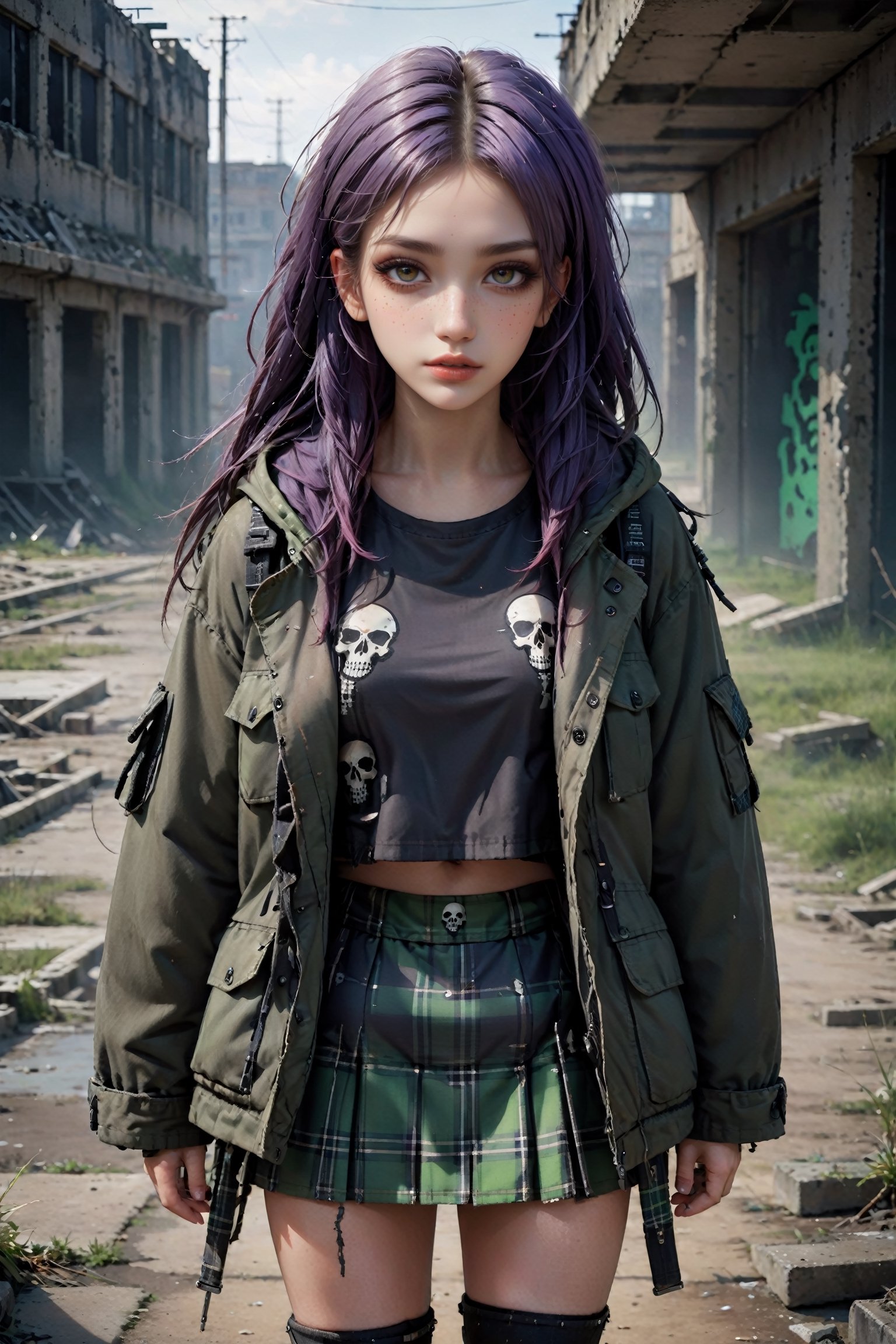 {{close-up portrait}}, A lonely 18yr old girl in a nuclear wasteland. Wearing a grey fraid and torn micro plaid schoolgirl miniskirt, {{croptop with skull motif}} and long military parka, showing lots of thigh, combat boots. dark purple and green multi-color hair in pigtails, smudged dark gothic eye makeup. The once thriving city now lies in ruins, with crumbling buildings and abandoned vehicles scattered amidst the desolation. Nature has started to reclaim the territory, with ((plants growing through cracks in the concrete)). The atmosphere is eerie, with a sense of loneliness and despair hanging in the air. The scene is bathed in a dark and moody light, emphasizing the post-apocalyptic setting. The girl's expression reflects her loneliness and the weight of the world she carries on her shoulders. The colors are muted, with a desaturated and faded palette, further enhancing the desolate mood of the scene.,EGirlMakeup, eyeliner, eyeshadow, DetailedEyes_V3.1