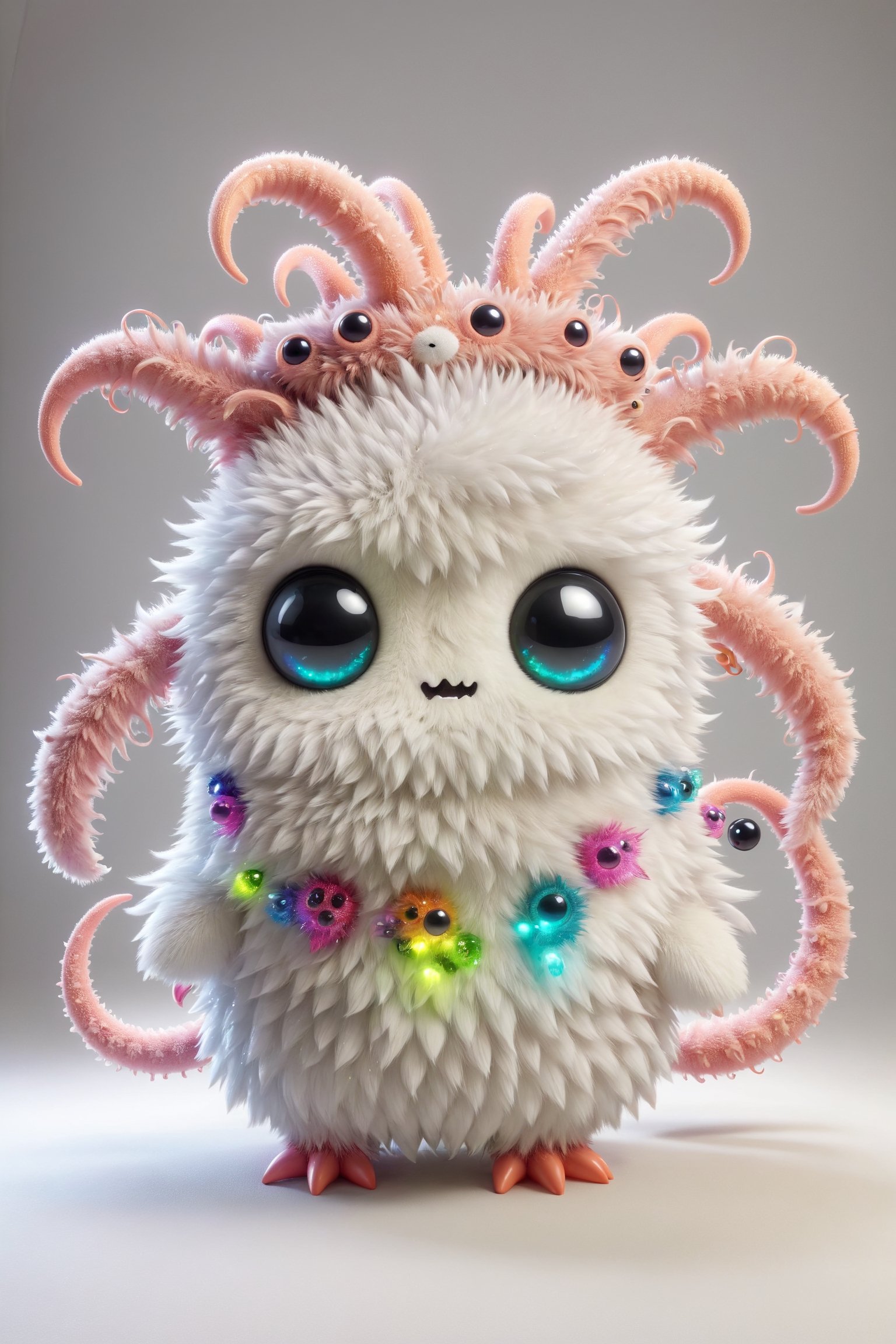 A cute alien creature, tentacles, fur, large reflective eyes, plain background, 3d_model, cinematic lighting, rim lighting, kawaii, pokemon, t-shirt character, white background, cutout, bioluminiscence, chromatophore
,ral-chrcrts