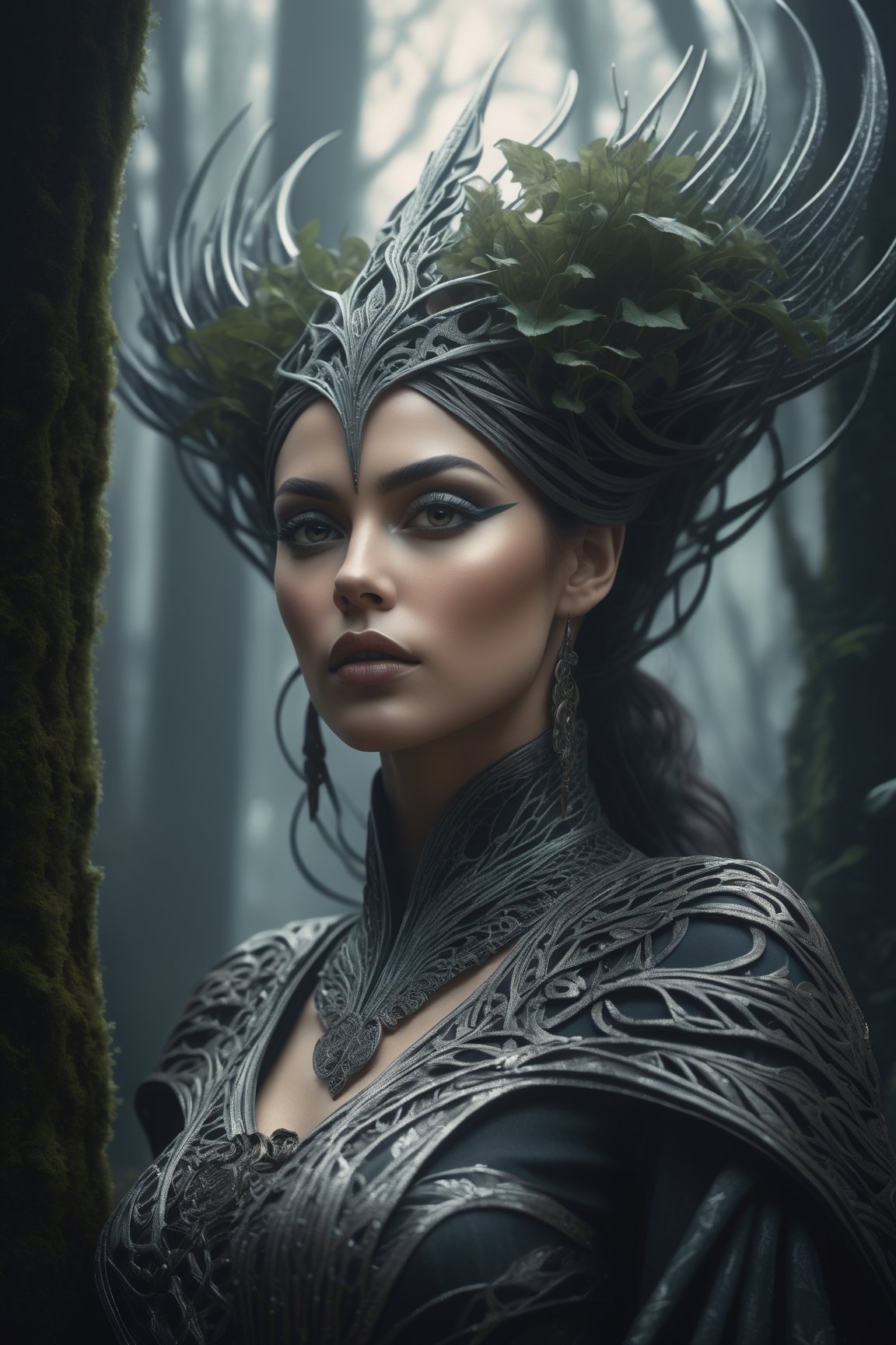 Midjourney style, ultrarealistic, a beautiful dryad woman through a misty forest, (many trees), full_figure  perfect detailed face, detailed symmetric circular iris, Peaky Blinders aesthetic, realistic, 3d render, octane render, intricately detailed, cinematic, trending on artstation, Isometric, Centered hypereallistic cover photo, awesome full color, hand drawn, dark, gritty, mucha, klimt, erte 12k, hight definition, cinematic, neoprene, behance contest winner, portrait featured on unsplash, stylized digital art, smooth, ultra high definition, 8k, unreal engine 5, ultra sharp focus, intricate artwork masterpiece, ominous, epic,trending on artstation, by artgerm, h. r. giger and beksinski, highly detailed, vibrant