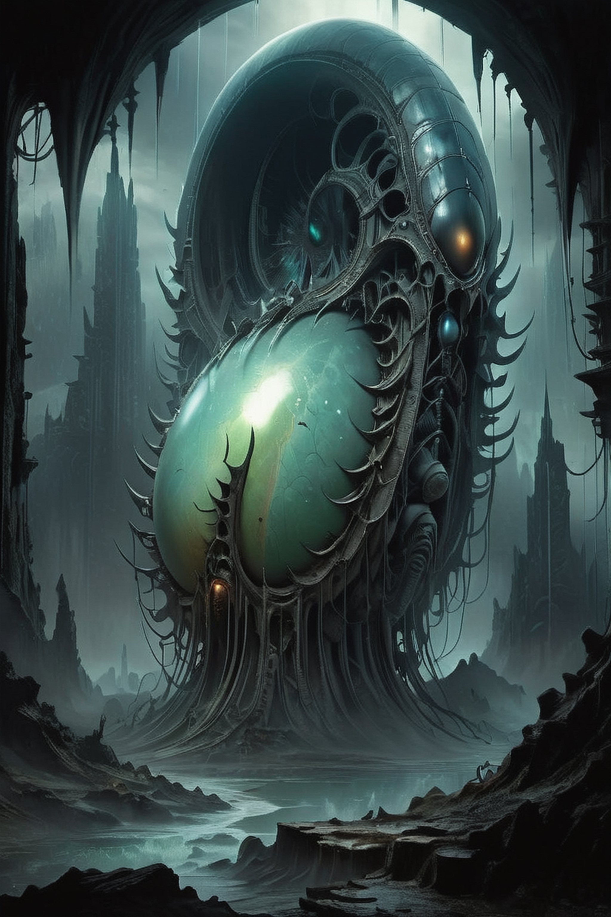 a digital composition wide shot,  art by hr giger,  a masterpiece by CaptFantastic on Tensor.Art