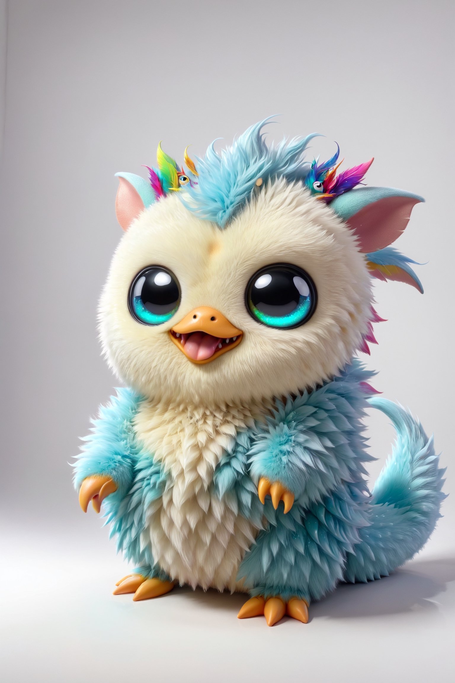 A cute alien creature, colourful fur, large reflective eyes like dark pools, plain background, 3d_model, cinematic lighting, rim lighting, kawaii, pokemon, t-shirt character, white background, cutout, bioluminiscence, chromatophore
,ral-chrcrts, duck billed platypus, furry dragon,penis