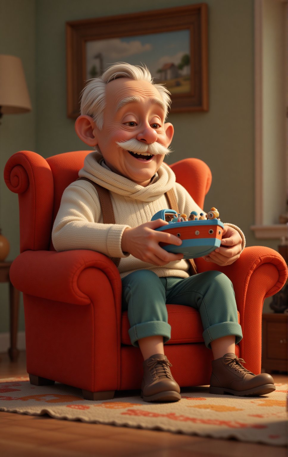 a very old man, mustache, tonsure, in his armchair, living room, smile, plays with a one toy boat , big toy boat, Pixar Art, cartoon style, 3d render