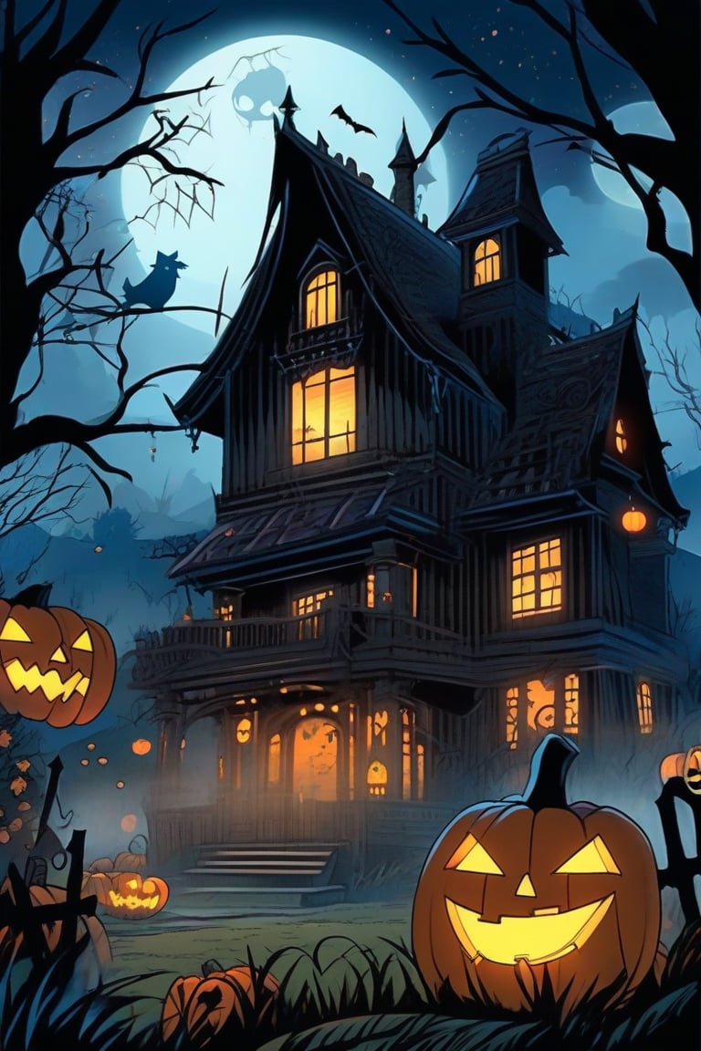A spooky Halloween landscape with a old house,  pumpkins,  bats by Namu18 on Tensor.Art