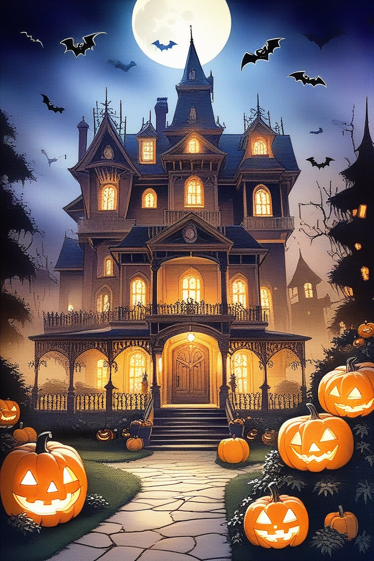 A spooky Halloween landscape with a haunted house,  pumpkins,  bats by Namu18 on Tensor.Art