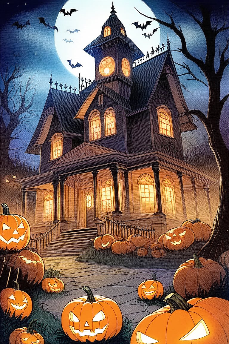 A spooky Halloween landscape with a haunted house,  pumpkins,  and a whimsical touch: A misty moonlit night frames the sce...