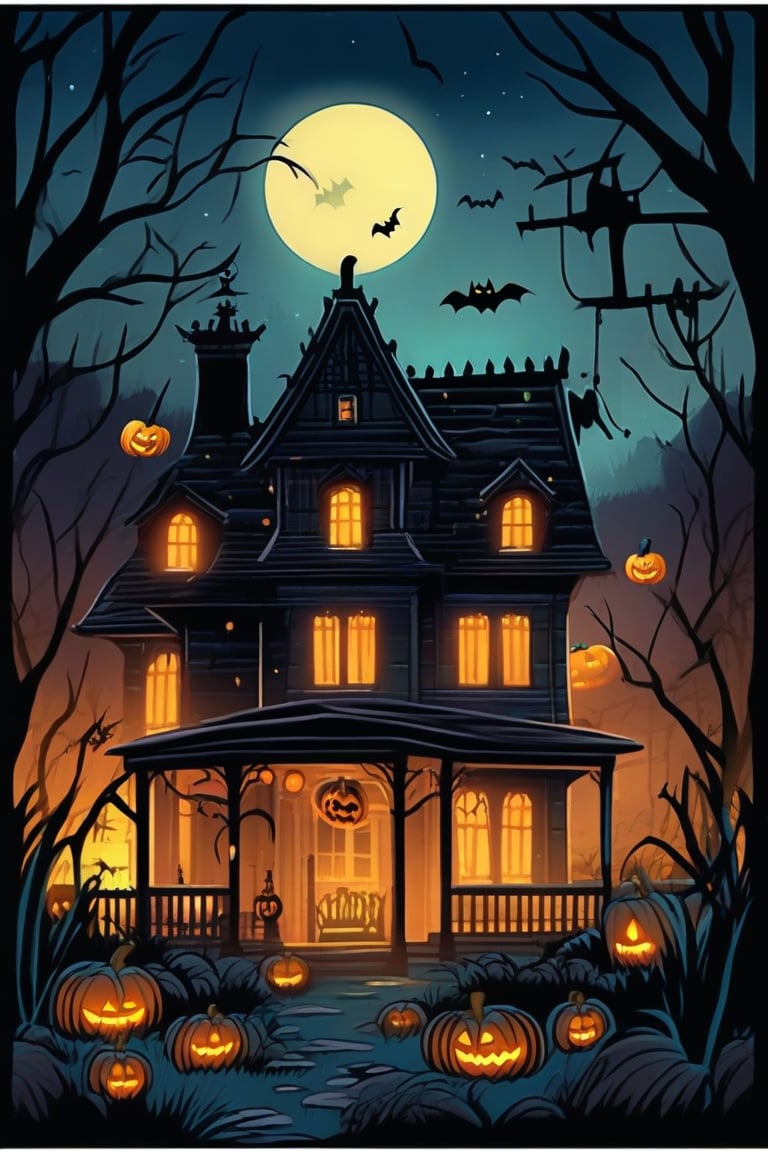 A spooky Halloween landscape with a old house,  pumpkins,  bats by Namu18 on Tensor.Art