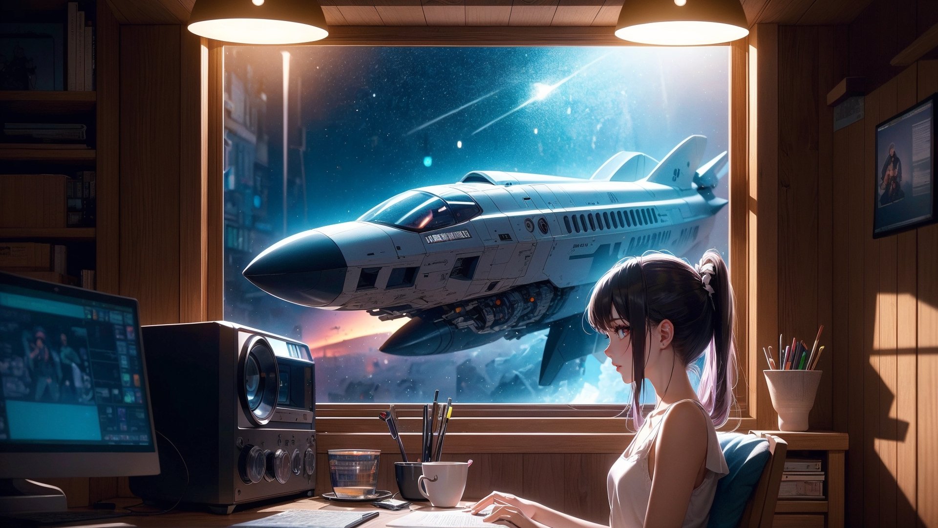 Lofi anime girl cleaning her bunkbed onboard a spaceship (lofi, anime, woman, award-winning drawing, award-winning 90's-anime, award-winning cinematography, cold-colors, high resolution, cinematic) 90's-anime:: CRT-screen-filter:: flat:: lofi:: girl:: high-resolution:: cold-colors:: cinematic:: 