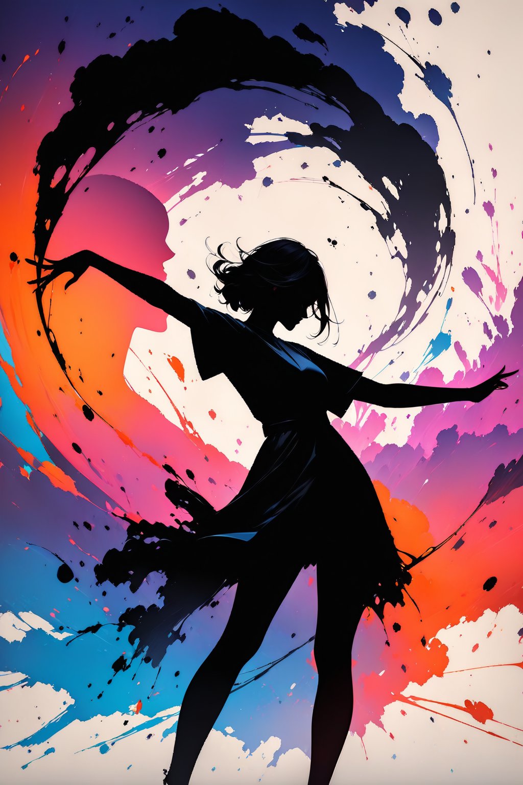 silhouette of a girl,  ink brushstrokes in background,  looking at viewer by user_669965738253028069 on Tensor.Art