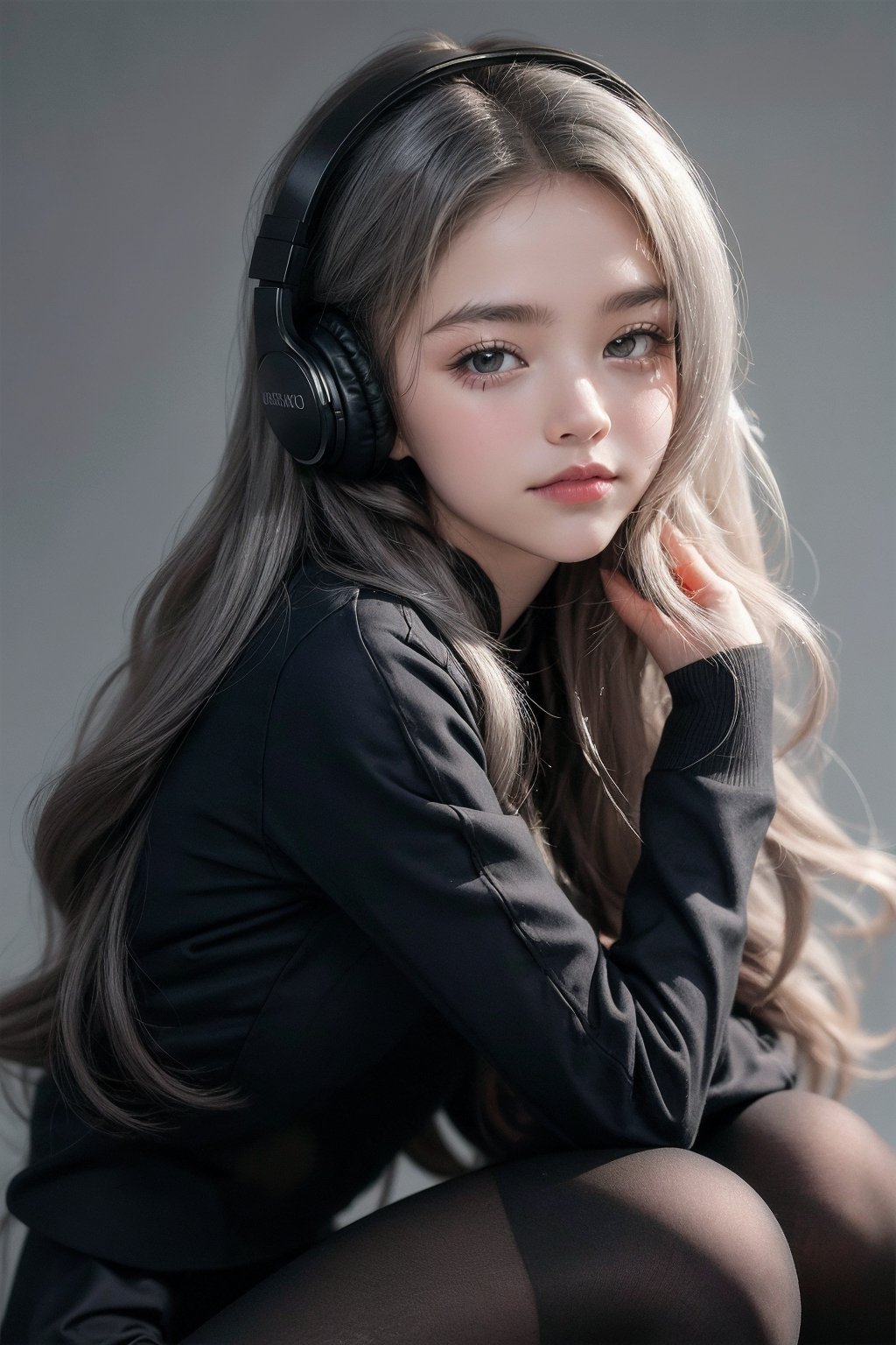 warm light room Beautiful woman with silver long hair against a grey background.over-the-ear headphones Smile,black tights top,Girl