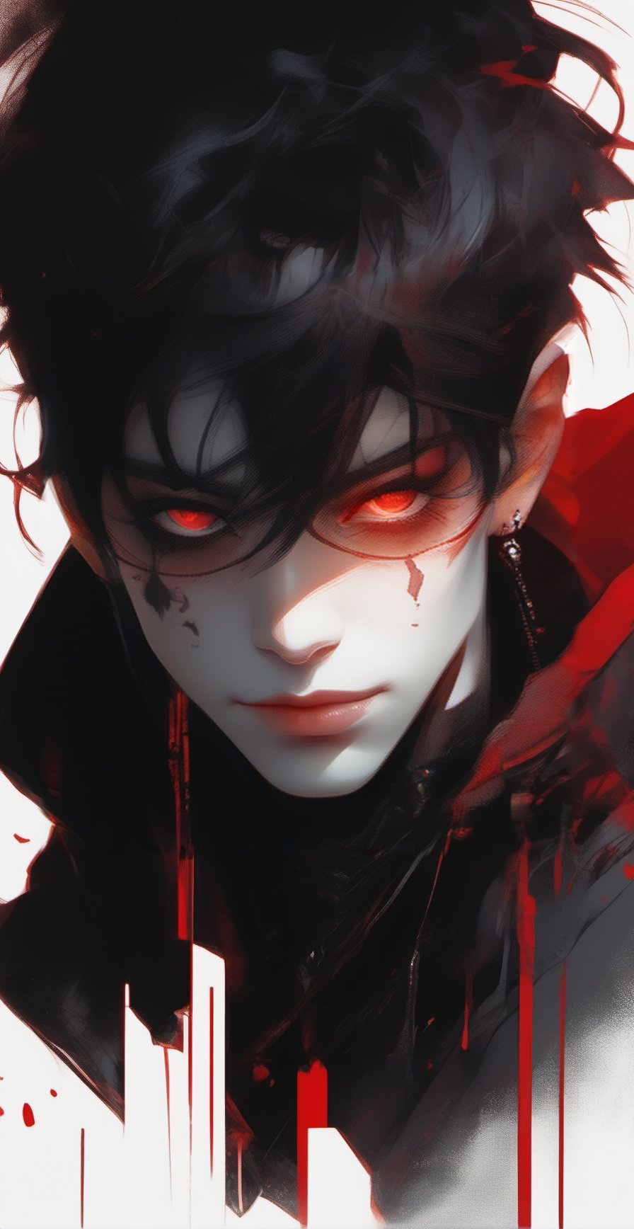 (score_9, score_8_up, score_7_up), zPDXL, solo, looking at viewer, smile, short hair, simple background, black hair, red eyes, 1boy, jewelry, jacket, upper body, male focus, red hair, earrings, teeth, black jacket, blood, glowing, sharp teeth, red background, colored sclera, black sclera,BioPunky:0.8