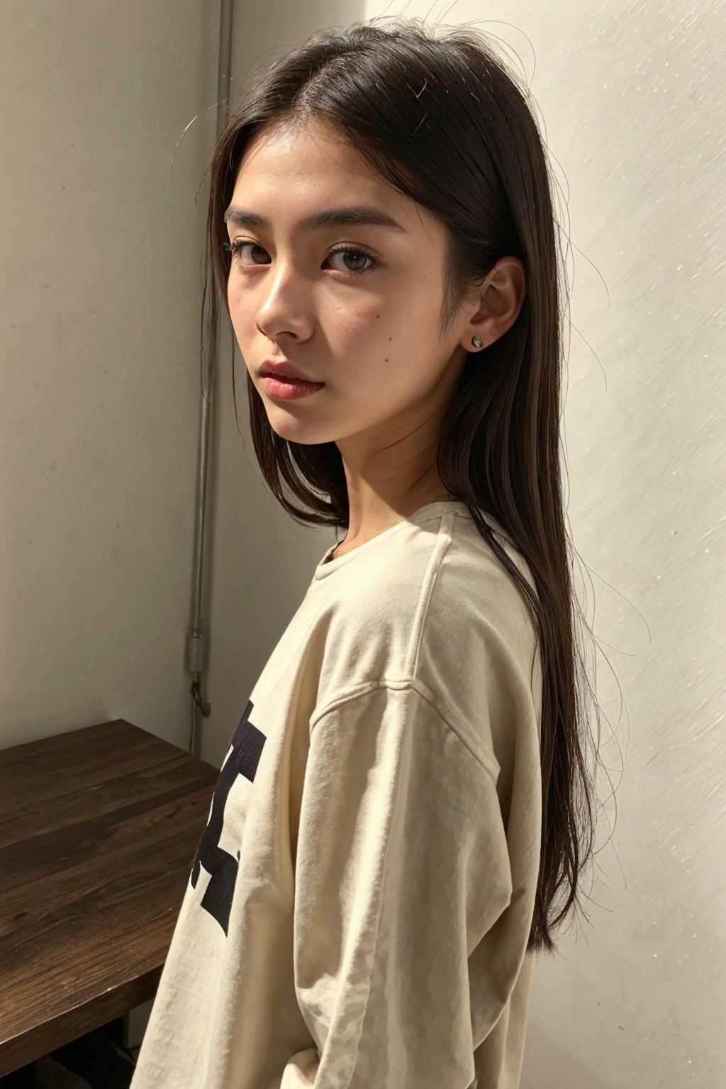 Extremely Realistic, best_quality, half-asian half white girl, medium brown hair, defined-square-jawline, 21 years old, high-set prominent cheekbones, light brown almond-shaped eyes, big lips, photorealistic, wearing baggy streetwear ,asian girl, head slightly tilted, photorealistic,myhanfu,fittingroom