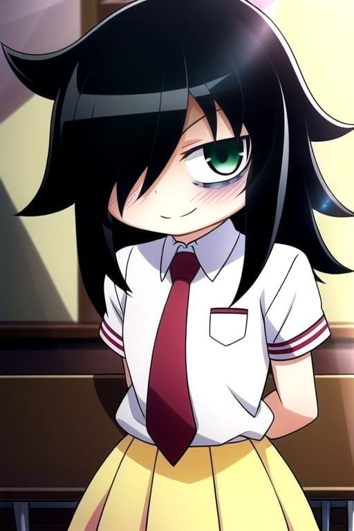 masterpiece, best quality, (solo:1.3), 1girl , arms behind back,looking_at_viewer,long hair, black-hair,hair over in one eye,school uniform, classroom,bags under eyes,loli,red necktie, white_shirt,yellow long skirt ,green-eyes,messy_hair,watamote,tomoko,smile, from above,mini_girl,