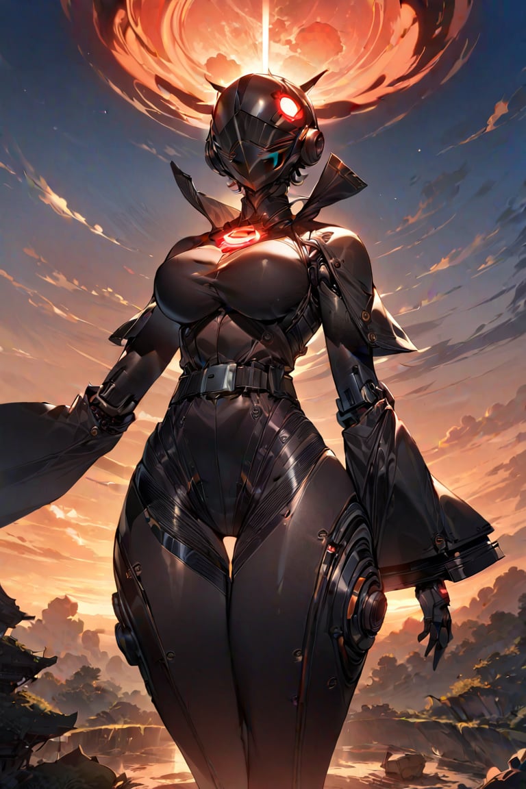 masterpiece, best quality, (solo:1.1), 1girl ,in brown and black style, (fusion of pig and mask:1.1),  belt,eyes glowing, dusk , floating coat ,  mechanical body,look up at the sky,symmetric clothing