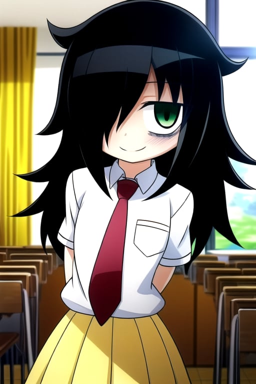 masterpiece, best quality, (solo:1.3), 1girl , arms behind back,looking_at_viewer,long hair, black-hair,hair over in one eye,school uniform, classroom,bags under eyes,loli,red necktie, white_shirt,yellow long skirt ,green-eyes,messy_hair,watamote,tomoko,smile, from above,