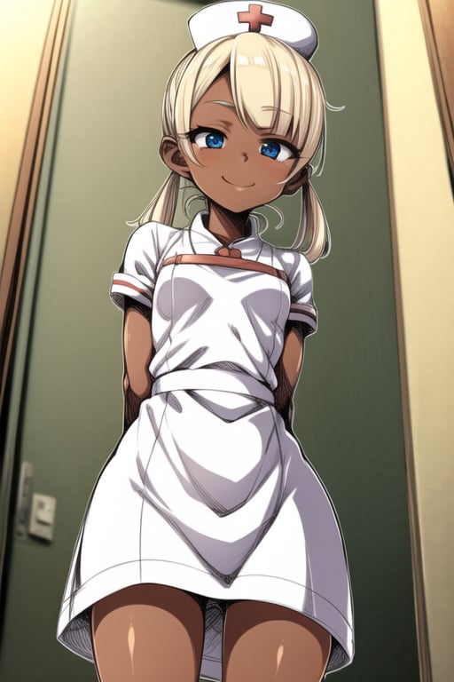 masterpiece, best quality, high definition, Laboratory, petite, small breasts,loli, 1girl, nurse, white nurse dress,arms_behind_back, looking at viewer, dark_skin,blonde, twin_tails, smile,blue_eyes,from below,