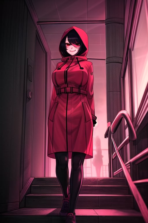 masterpiece, best quality, (solo:1.3), 1girl, walking on stairs,gigantic_breasts, arms behind back,dusk,stairs,red_eyes,black_hair,red raincoat cover body, from below,smile,black legswaer,hood up,