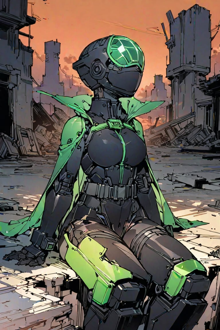 masterpiece, best quality, (solo:1.1), 1girl ,in black and green style, fusion of pig and mask,  belt,dusk , floating cape,  mechanical body,look up at the sky,symmetric clothing, sitting in ruins 