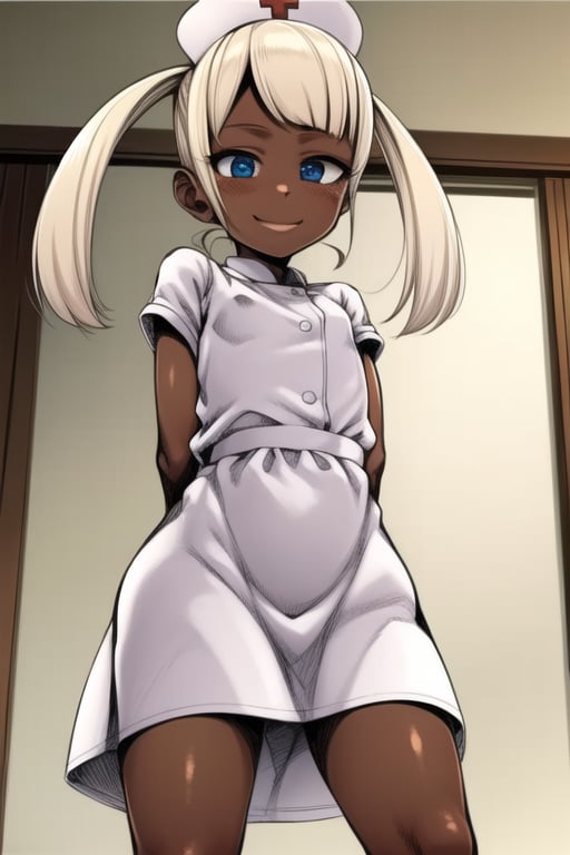 masterpiece, best quality, high definition, Laboratory, petite, small breasts,loli, 1girl, nurse, white nurse dress,arms_behind_back, looking at viewer, dark_skin,blonde, twin_tails, smile,blue_eyes,from below,