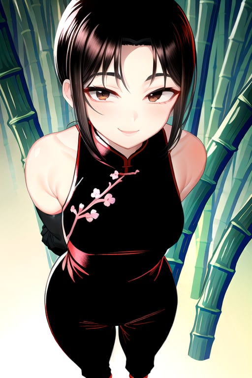 masterpiece, best quality, (solo:1.3),trap, looking_at_viewer, arms behind back, (in black and red style:1.25),chinese dress,sleeveless, bamboo forest background,brown eyes, black obi, black_hair, smile,elbow_gloves, long pants, from above,