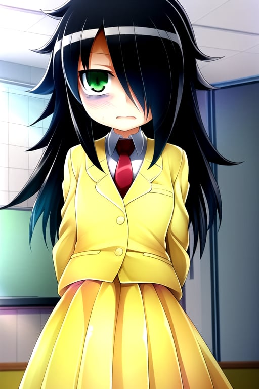 masterpiece, best quality, (solo:1.3), 1girl , arms behind back,looking_at_viewer,long hair, black-hair,hair over in one eye,school uniform, classroom,bags under eyes,loli,red necktie,naughty_face, yellow jacket,yellow long skirt ,green-eyes,messy_hair,watamote,tomoko