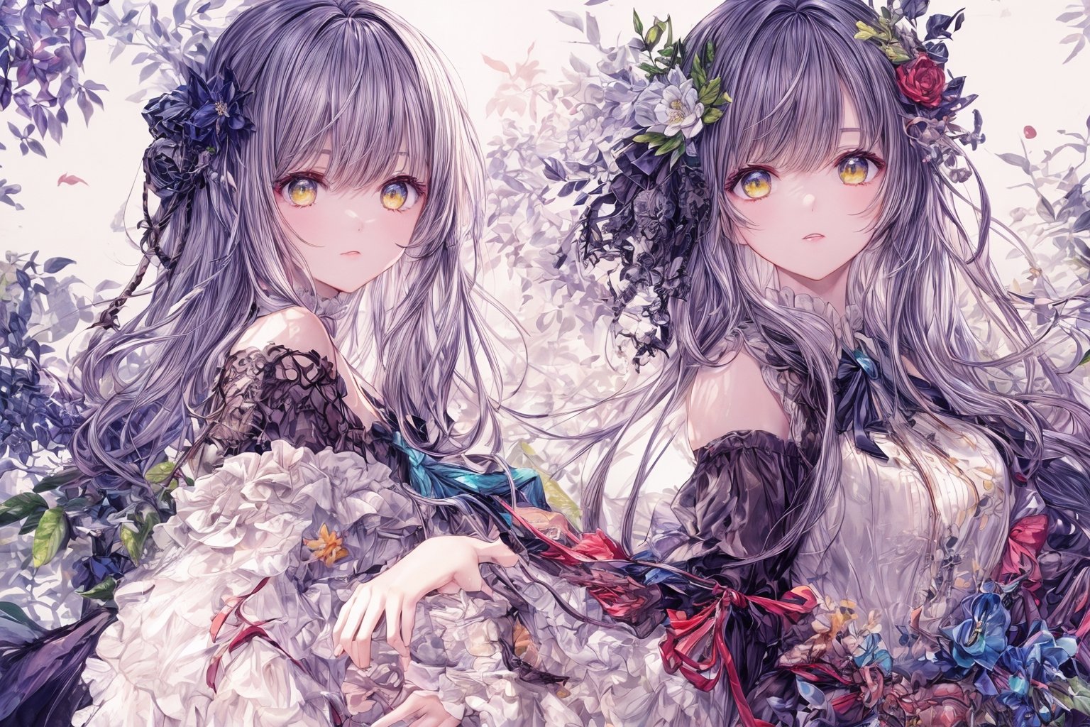 Official Art, Unity 8K Wallpaper, Extreme Detailed, Beautiful and Aesthetic, Masterpiece, Top Quality, perfect anatomy, 

1girl, solo, long hair, bangs, hair ornament, long sleeves, dress, very long hair, flower, frills, hair flower, wide sleeves, blunt bangs, black dress, floral print, absurdly long hair, green theme, green ribbon, bamboo forest, falling leaves

a beautifully drawn (((ink illustration))) depicting, vintage, PURPLE and YELLOW accents, watercolor painting, concept art, (best illustration), (best shadow), Analog Color Theme, vivid colours, contrast, smooth, sharp focus, scenery, 

(Pencil_Sketch:1.2,masterpiece, midjourney, best quality, incredibly absurdres, messy lines,high detail eyes,More Detail,perfect light,portrait, 