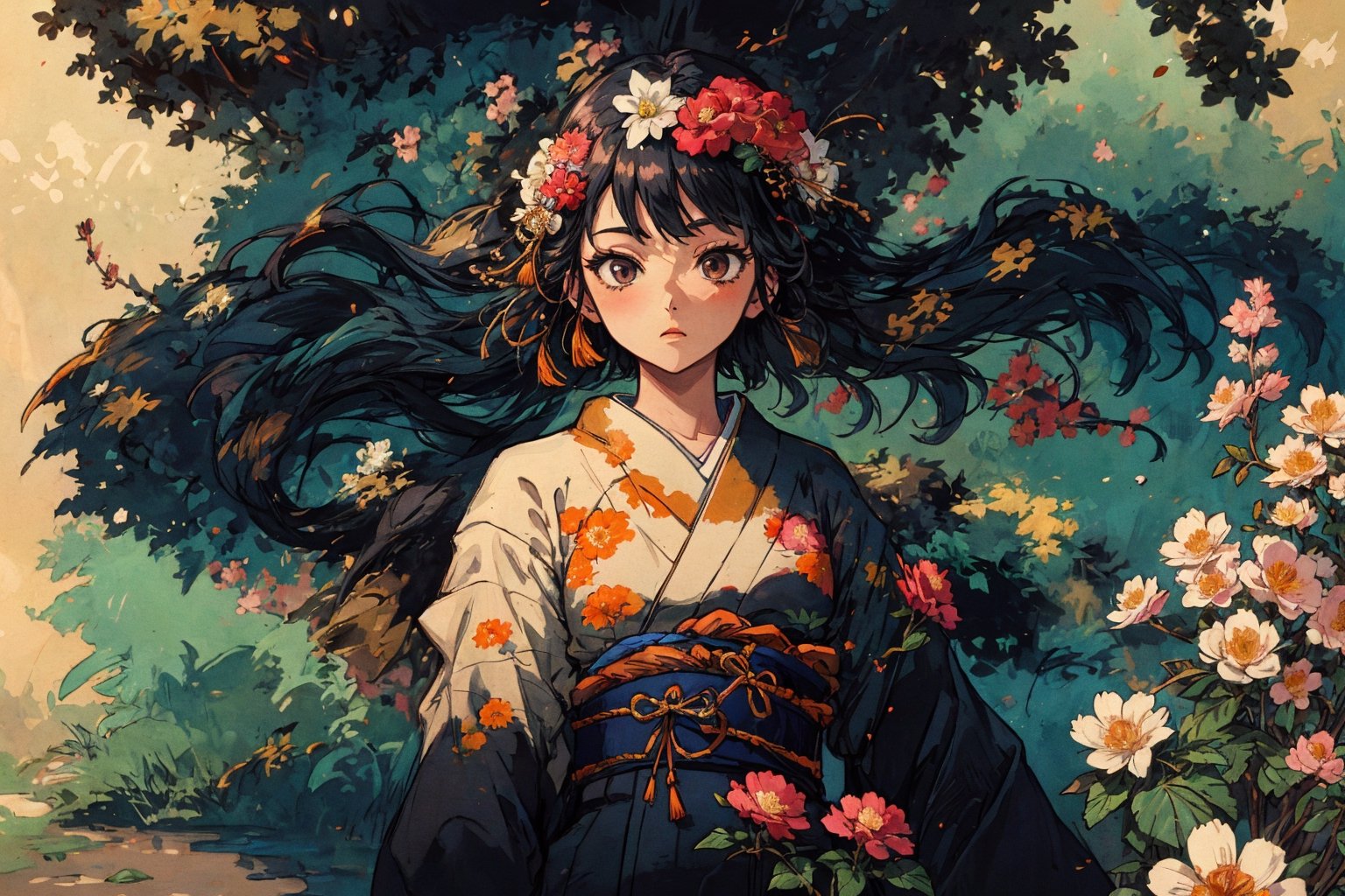 1girl, solo, long hair, black hair, hair ornament, gloves, very long hair, weapon, flower, japanese clothes, sword, hair flower, kimono, sash, obi, floral print, katana, absurdly long hair, eastern, official art, unity 8k wallpaper, ultra detailed, beautiful and aesthetic, beautiful, masterpiece, best quality, fantasy, tassels, (Pencil_Sketch:1.2,incredibly absurdres