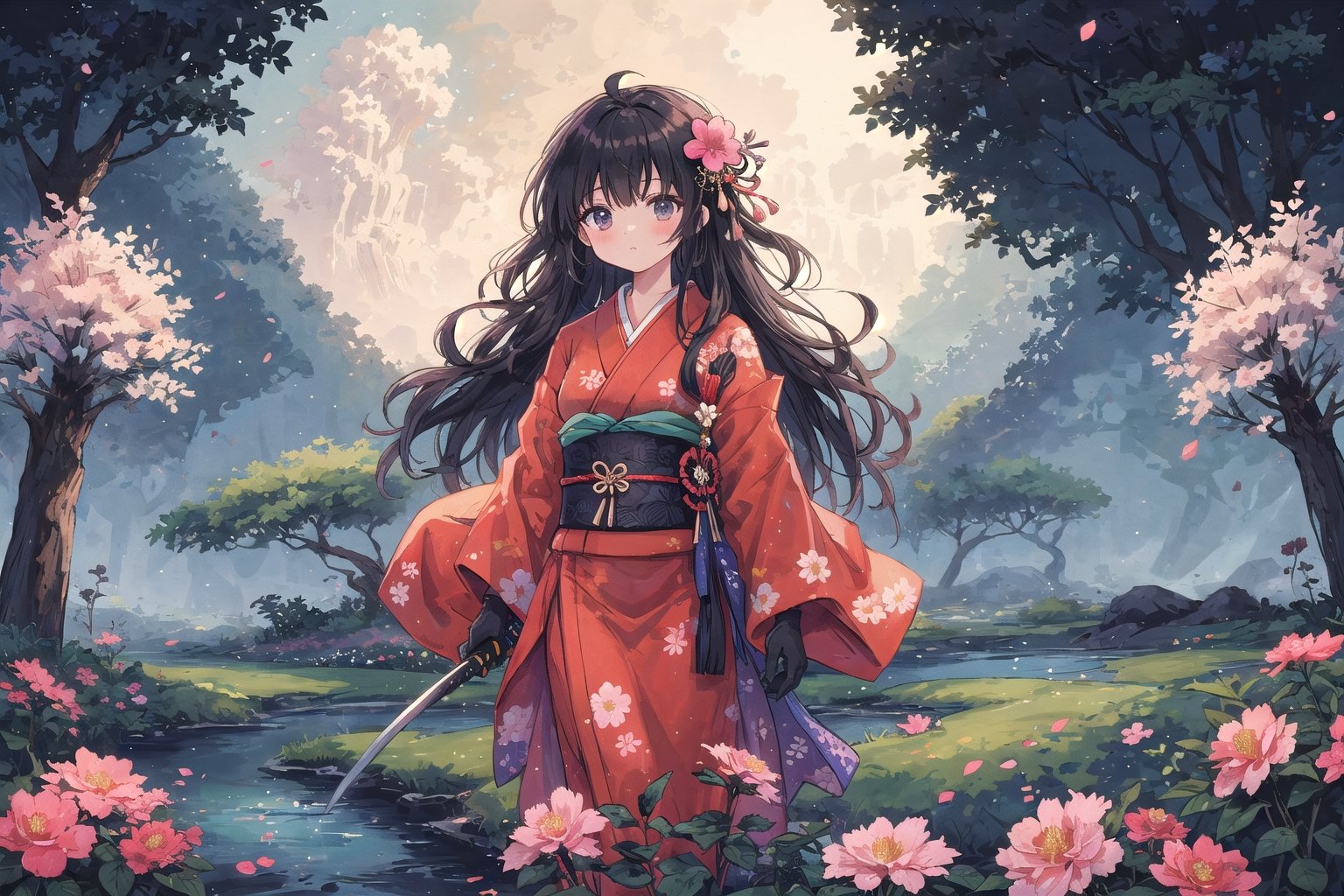 1girl, solo, long hair, black hair, hair ornament, gloves, very long hair, weapon, flower, japanese clothes, sword, hair flower, kimono, sash, obi, floral print, katana, absurdly long hair, eastern, official art, unity 8k wallpaper, ultra detailed, beautiful and aesthetic, beautiful, masterpiece, best quality, fantasy, tassels, (Pencil_Sketch:1.2,incredibly absurdres