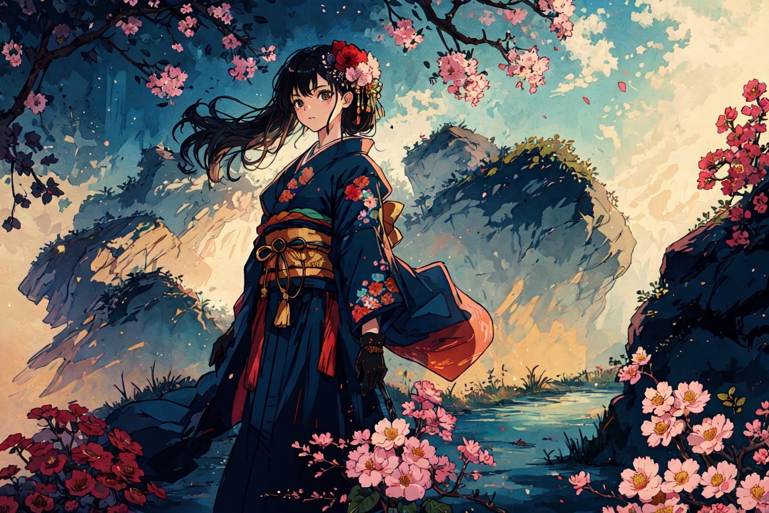 1girl, solo, long hair, black hair, hair ornament, gloves, very long hair, weapon, flower, japanese clothes, sword, hair flower, kimono, sash, obi, floral print, katana, absurdly long hair, eastern, official art, unity 8k wallpaper, ultra detailed, beautiful and aesthetic, beautiful, masterpiece, best quality, fantasy, tassels, (Pencil_Sketch:1.2,incredibly absurdres