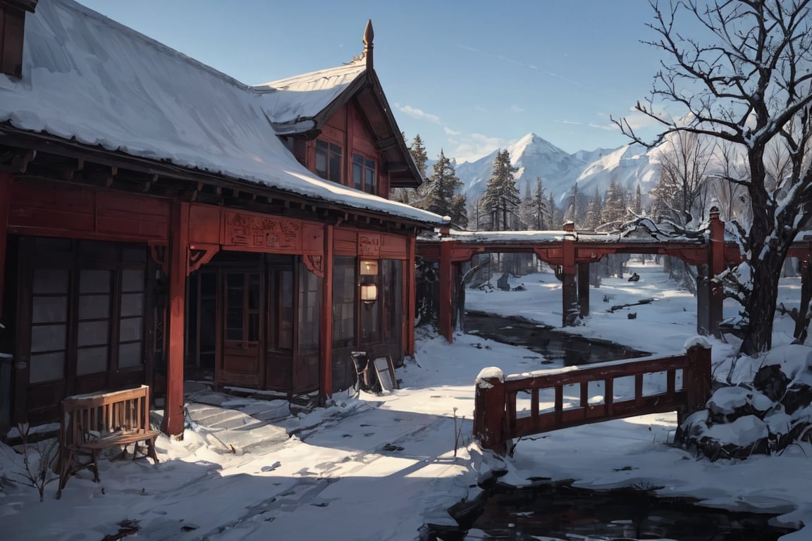 Broken bridge with remaining snow in chinese ink art(best quality,  Masterpiece by 靜川湊 on Tensor.Art