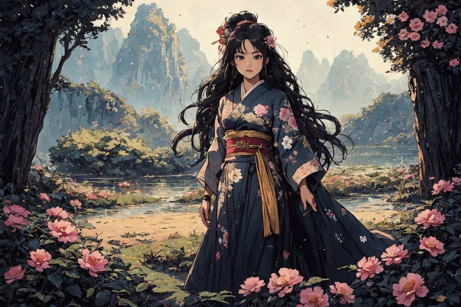 1girl, solo, long hair, black hair, hair ornament, gloves, very long hair, weapon, flower, japanese clothes, sword, hair flower, kimono, sash, obi, floral print, katana, absurdly long hair, eastern, official art, unity 8k wallpaper, ultra detailed, beautiful and aesthetic, beautiful, masterpiece, best quality, fantasy, tassels, (Pencil_Sketch:1.2,incredibly absurdres