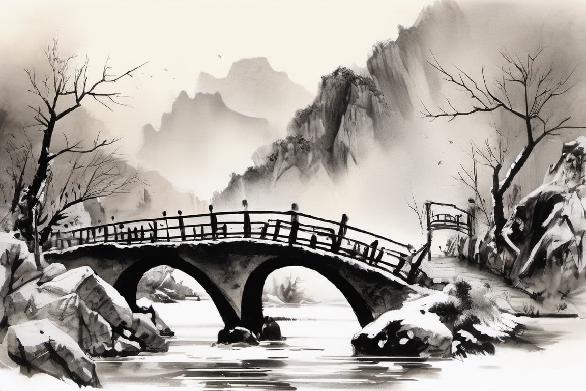 Broken bridge with remaining snow in chinese ink art(best quality,  Masterpiece by 靜川湊 on Tensor.Art