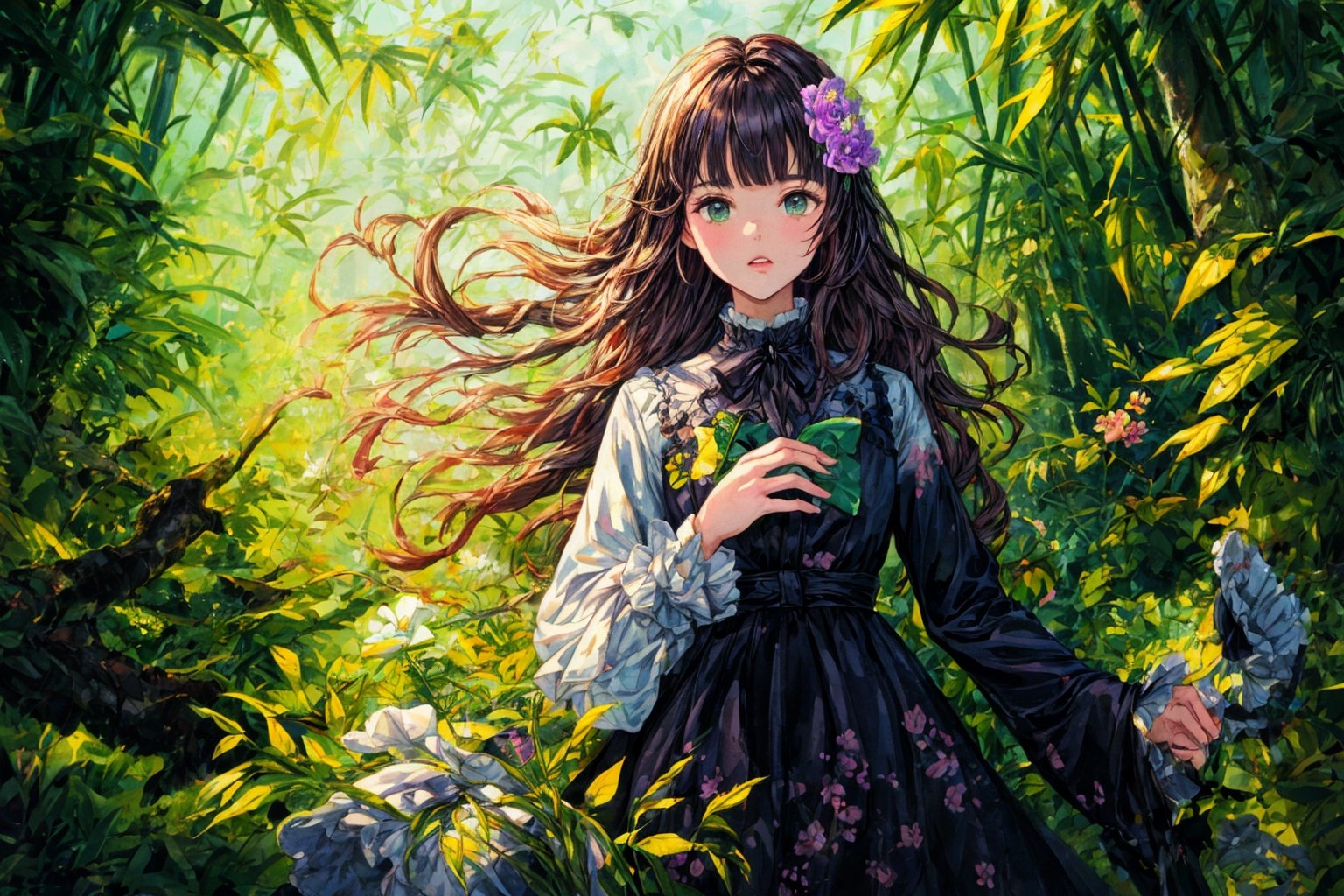 Official Art, Unity 8K Wallpaper, Extreme Detailed, Beautiful and Aesthetic, Masterpiece, Top Quality, perfect anatomy, 

1girl, solo, long hair, bangs, hair ornament, long sleeves, dress, very long hair, flower, frills, hair flower, wide sleeves, blunt bangs, black dress, floral print, absurdly long hair, green theme, green ribbon, bamboo forest, falling leaves

a beautifully drawn (((ink illustration))) depicting, vintage, PURPLE and YELLOW accents, watercolor painting, concept art, (best illustration), (best shadow), Analog Color Theme, vivid colours, contrast, smooth, sharp focus, scenery, 

(Pencil_Sketch:1.2,masterpiece, midjourney, best quality, incredibly absurdres, messy lines,high detail eyes,More Detail,perfect light,portrait, 