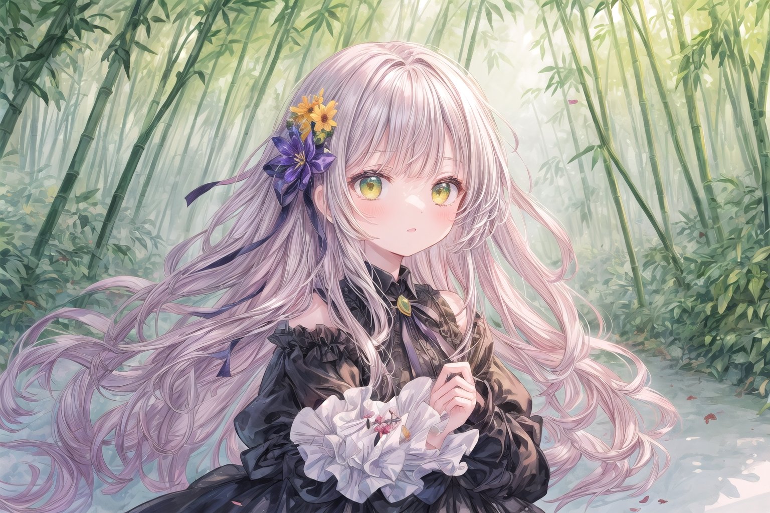 Official Art, Unity 8K Wallpaper, Extreme Detailed, Beautiful and Aesthetic, Masterpiece, Top Quality, perfect anatomy, 

1girl, solo, long hair, bangs, hair ornament, long sleeves, dress, very long hair, flower, frills, hair flower, wide sleeves, blunt bangs, black dress, floral print, absurdly long hair, green theme, green ribbon, bamboo forest, falling leaves

a beautifully drawn (((ink illustration))) depicting, vintage, PURPLE and YELLOW accents, watercolor painting, concept art, (best illustration), (best shadow), Analog Color Theme, vivid colours, contrast, smooth, sharp focus, scenery, 

(Pencil_Sketch:1.2,masterpiece, midjourney, best quality, incredibly absurdres, messy lines,high detail eyes,More Detail,perfect light,portrait, 