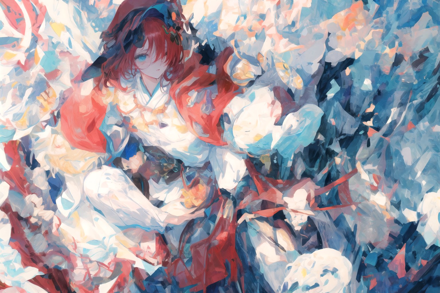 Official Art, Unity 8K Wallpaper, Extreme Detailed, Beautiful and Aesthetic, Masterpiece, Top Quality, perfect anatomy, 

1girl, solo, very long hair, bangs, blue eyes, skirt, indigo vest, long sleeves, hat, red hair, cape, hair over one eye, fur trim, indigo headwear, heterochromia, red cloak, fur-trimmed cloak, white shirt, boots, white pants, chinese clothes, bird, Tula Province, Russian Empire,
Source of life, sparkling stars, water feeder, aquatic tune, ginger, ice water, geranium, oak, impurity glass bottle, tweed cloak, Claret homemade equestrian skirt, Plateau lakes, snow mountains

a beautifully drawn (((ink illustration))) depicting, vintage, Claret and navy blue accents, watercolor painting, concept art, (best illustration), (best shadow), Analog Color Theme, vivid colours, contrast, smooth, sharp focus, scenery, 

(Pencil_Sketch:1.2,masterpiece, midjourney, best quality, incredibly absurdres, messy lines,high detail eyes,More Detail,perfect light,portrait, ,more detail XL,Ukiyo-e, ,ink,colorful,samurai