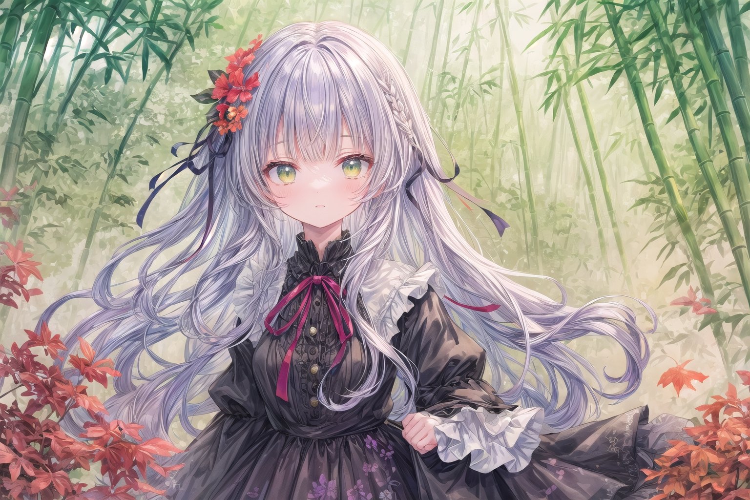 Official Art, Unity 8K Wallpaper, Extreme Detailed, Beautiful and Aesthetic, Masterpiece, Top Quality, perfect anatomy, 

1girl, solo, long hair, bangs, hair ornament, long sleeves, dress, very long hair, flower, frills, hair flower, wide sleeves, blunt bangs, black dress, floral print, absurdly long hair, green theme, green ribbon, bamboo forest, falling leaves

a beautifully drawn (((ink illustration))) depicting, vintage, PURPLE and YELLOW accents, watercolor painting, concept art, (best illustration), (best shadow), Analog Color Theme, vivid colours, contrast, smooth, sharp focus, scenery, 

(Pencil_Sketch:1.2,masterpiece, midjourney, best quality, incredibly absurdres, messy lines,high detail eyes,More Detail,perfect light,portrait, 