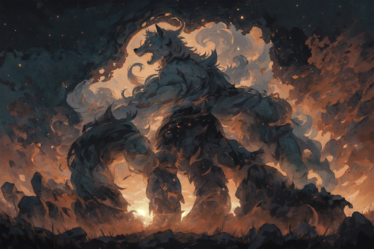 In the twilight of a cosmic void,  a formidable werewolf emerges,  its fur aglow in the golden hues of a setting sun. This...