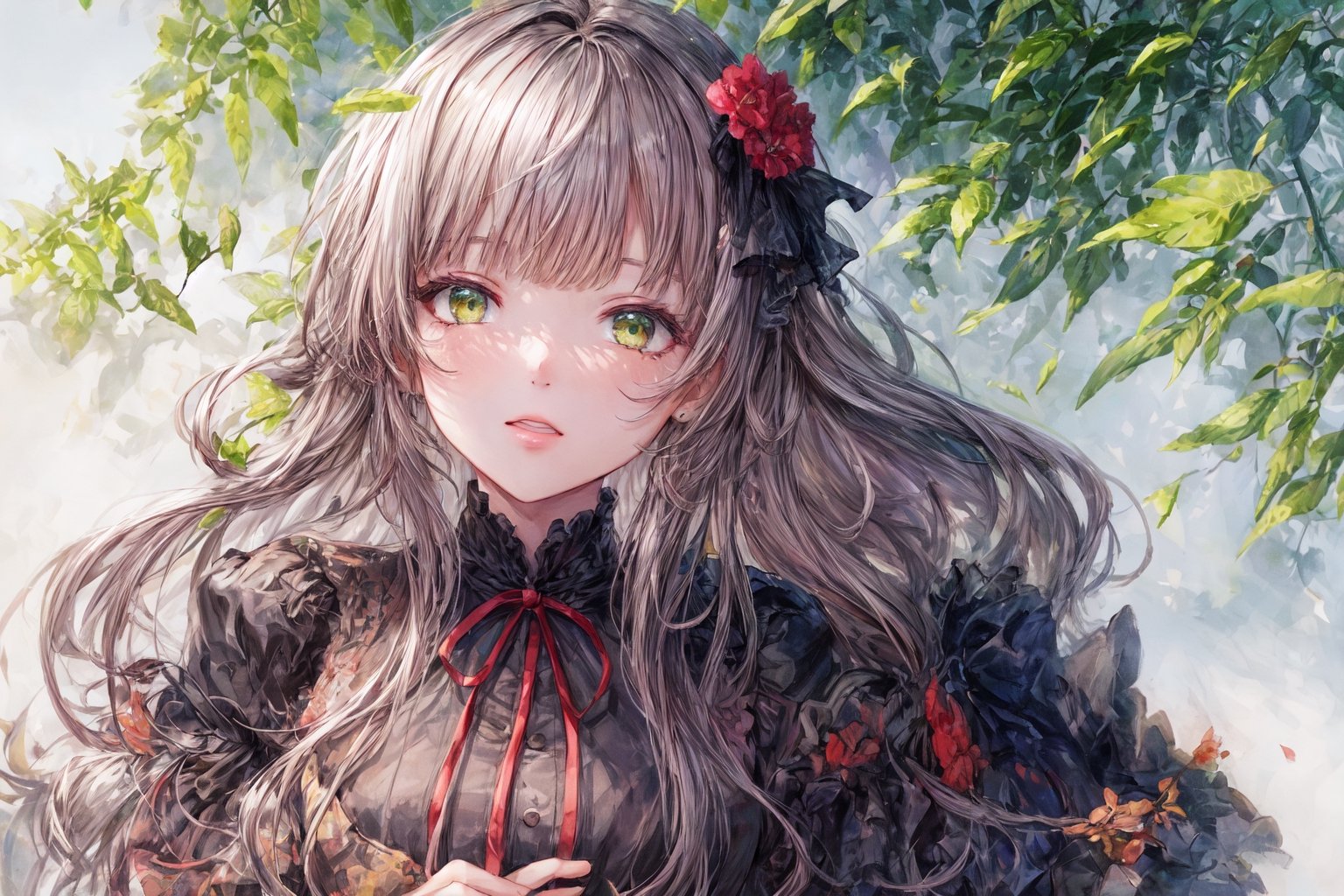 Official Art, Unity 8K Wallpaper, Extreme Detailed, Beautiful and Aesthetic, Masterpiece, Top Quality, perfect anatomy, 

1girl, solo, long hair, bangs, hair ornament, long sleeves, dress, very long hair, flower, frills, hair flower, wide sleeves, blunt bangs, black dress, floral print, absurdly long hair, green theme, green ribbon, bamboo forest, falling leaves

a beautifully drawn (((ink illustration))) depicting, vintage, PURPLE and YELLOW accents, watercolor painting, concept art, (best illustration), (best shadow), Analog Color Theme, vivid colours, contrast, smooth, sharp focus, scenery, 

(Pencil_Sketch:1.2,masterpiece, midjourney, best quality, incredibly absurdres, messy lines,high detail eyes,More Detail,perfect light,portrait, 